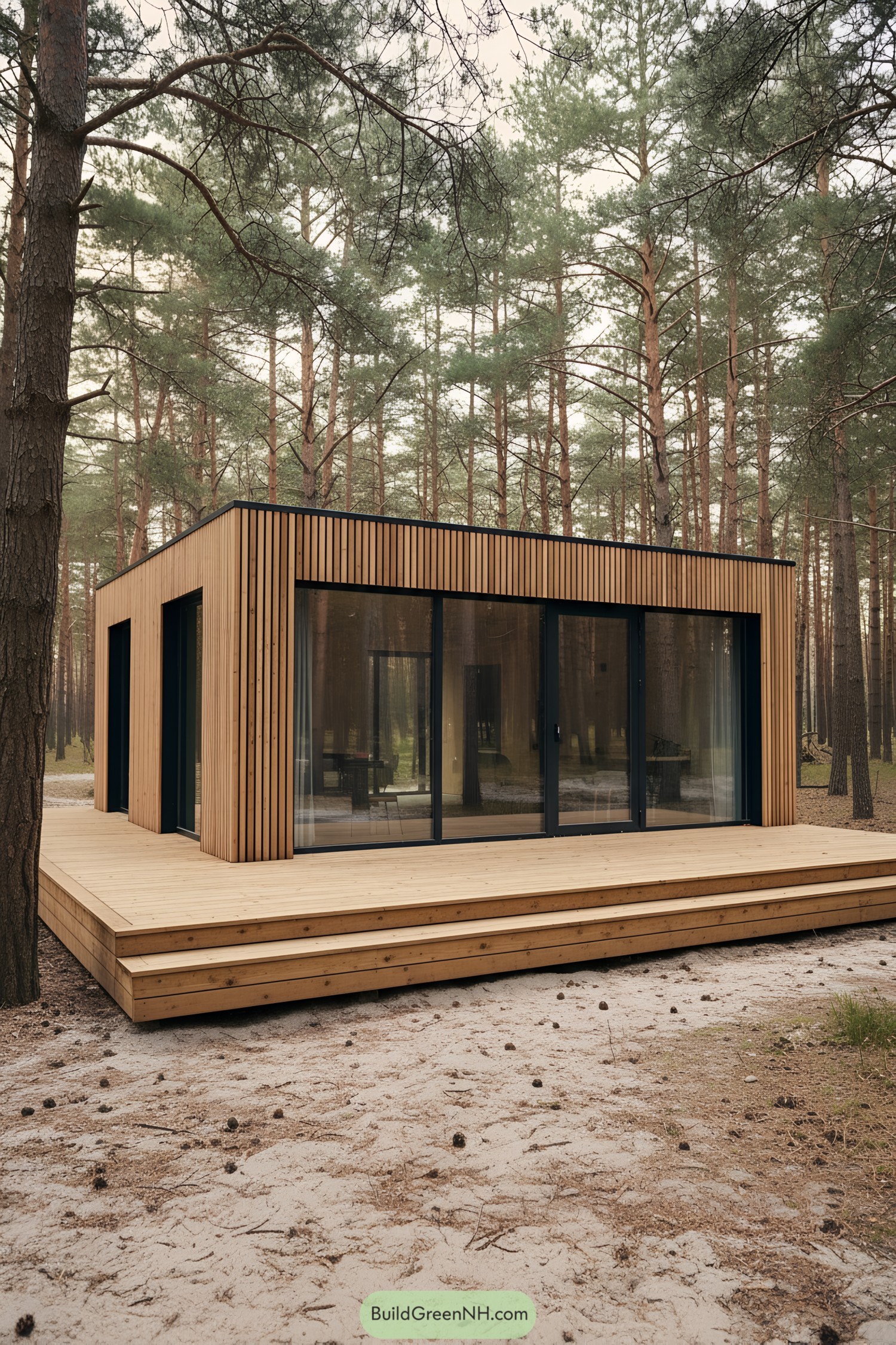 Flat-roof timber cabin with vertical slats, large black-framed glass doors, and a broad stepped deck in a pine forest