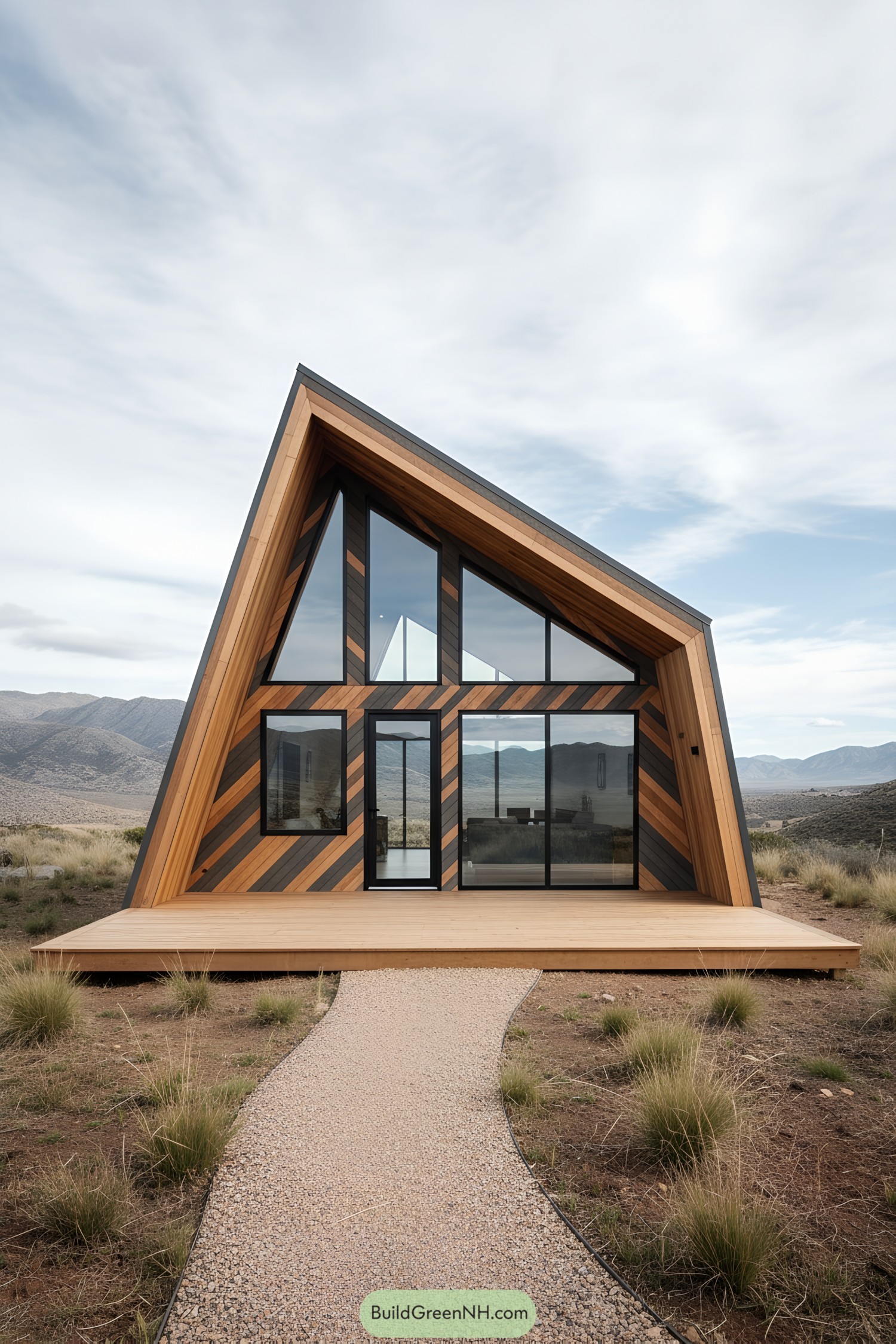 Asymmetric A-frame cabin with chevron cedar cladding and expansive glass