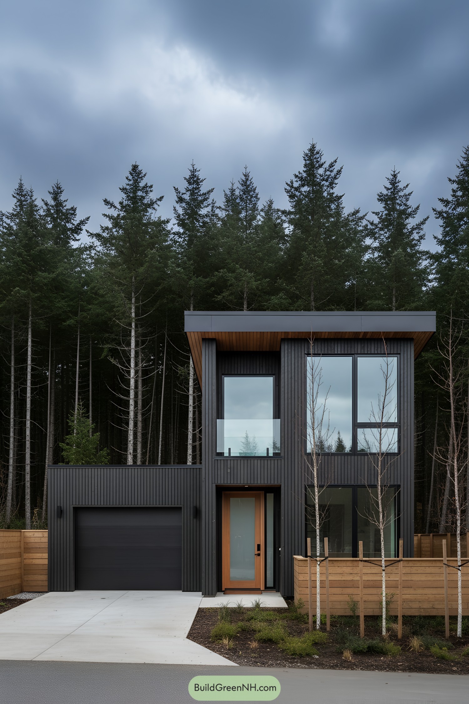 Two-story modern house with black vertical wood siding, broad flat overhang, tall windows, and an attached garage by a forest fence line