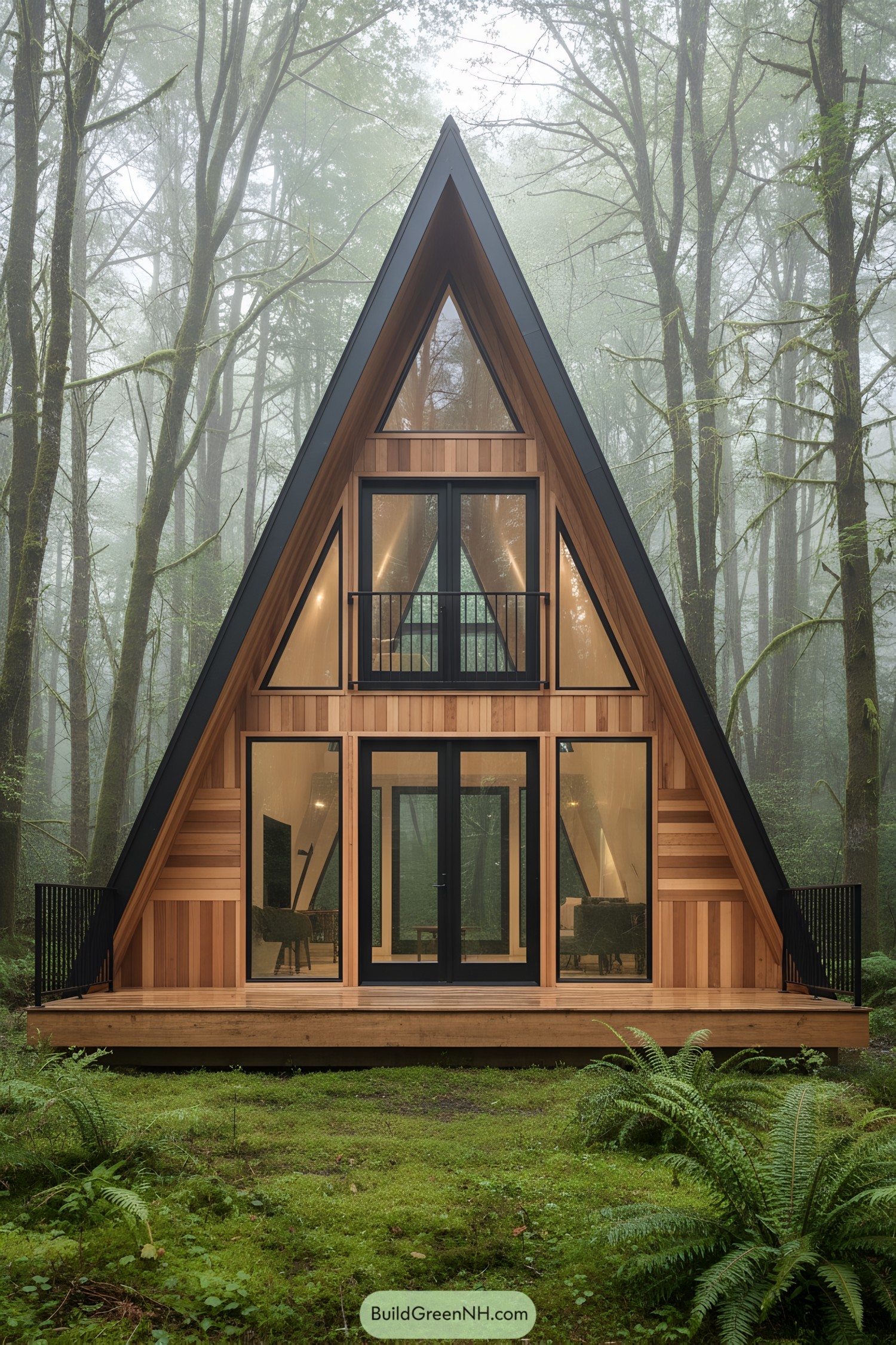 Triangular cedar cabin with black trim, large glass doors, and a small balcony on a forest deck