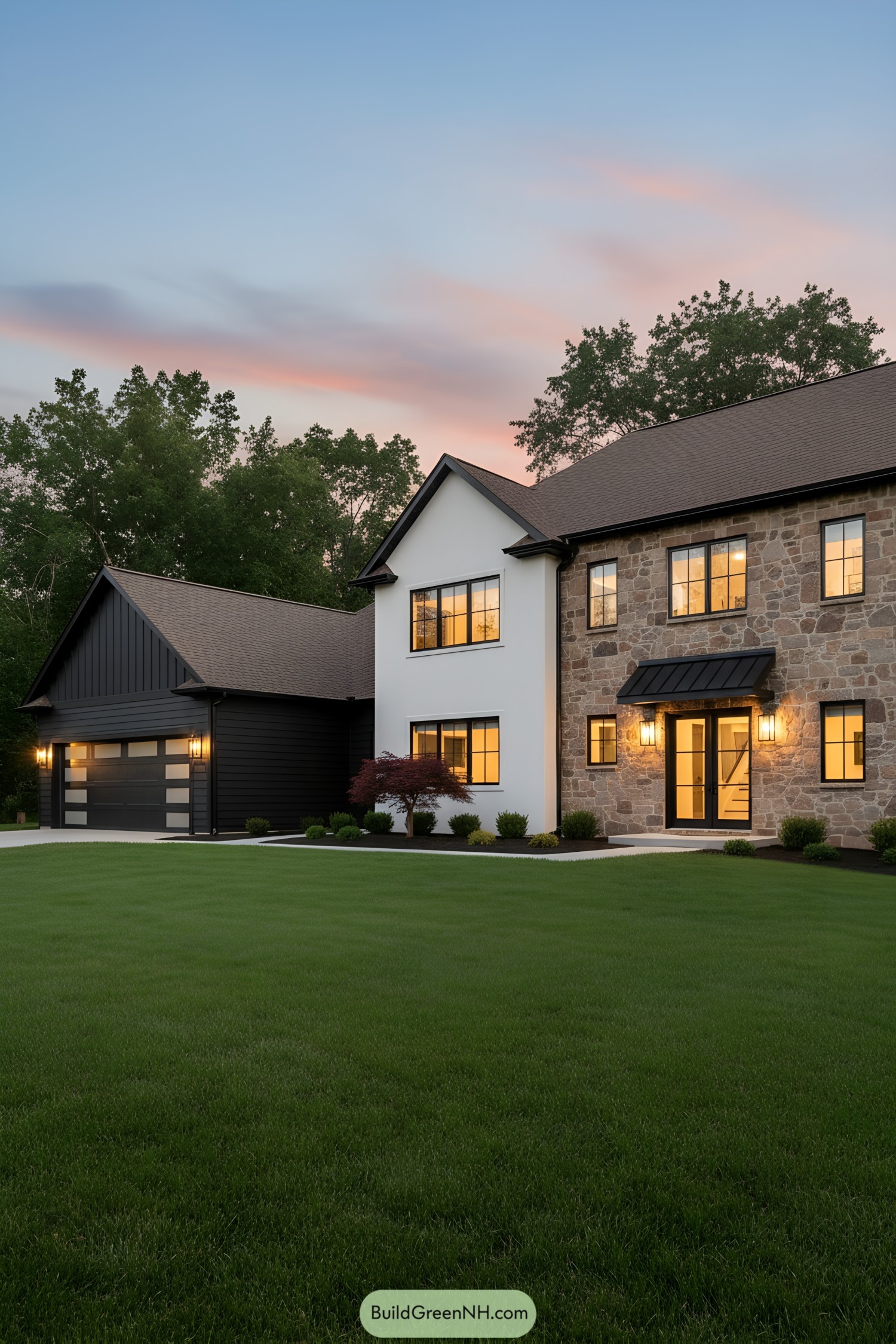 Stone-and-stucco modern colonial with black accents