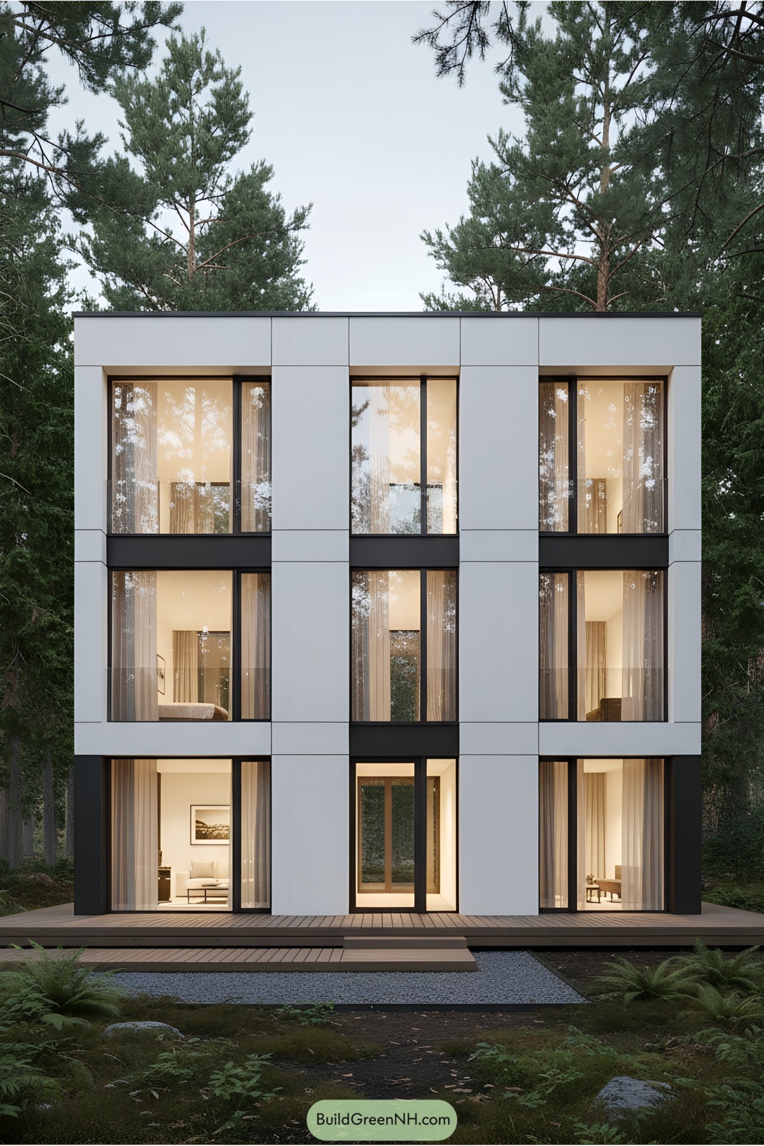 Modern house nestled among trees with large windows