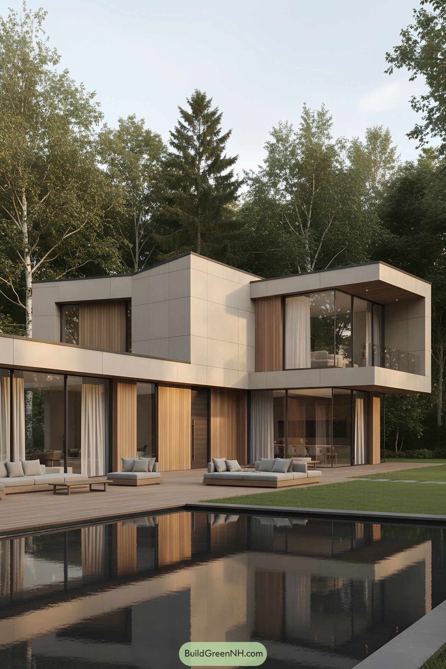 Modern house with wooden accents near a tranquil pool in a forested area