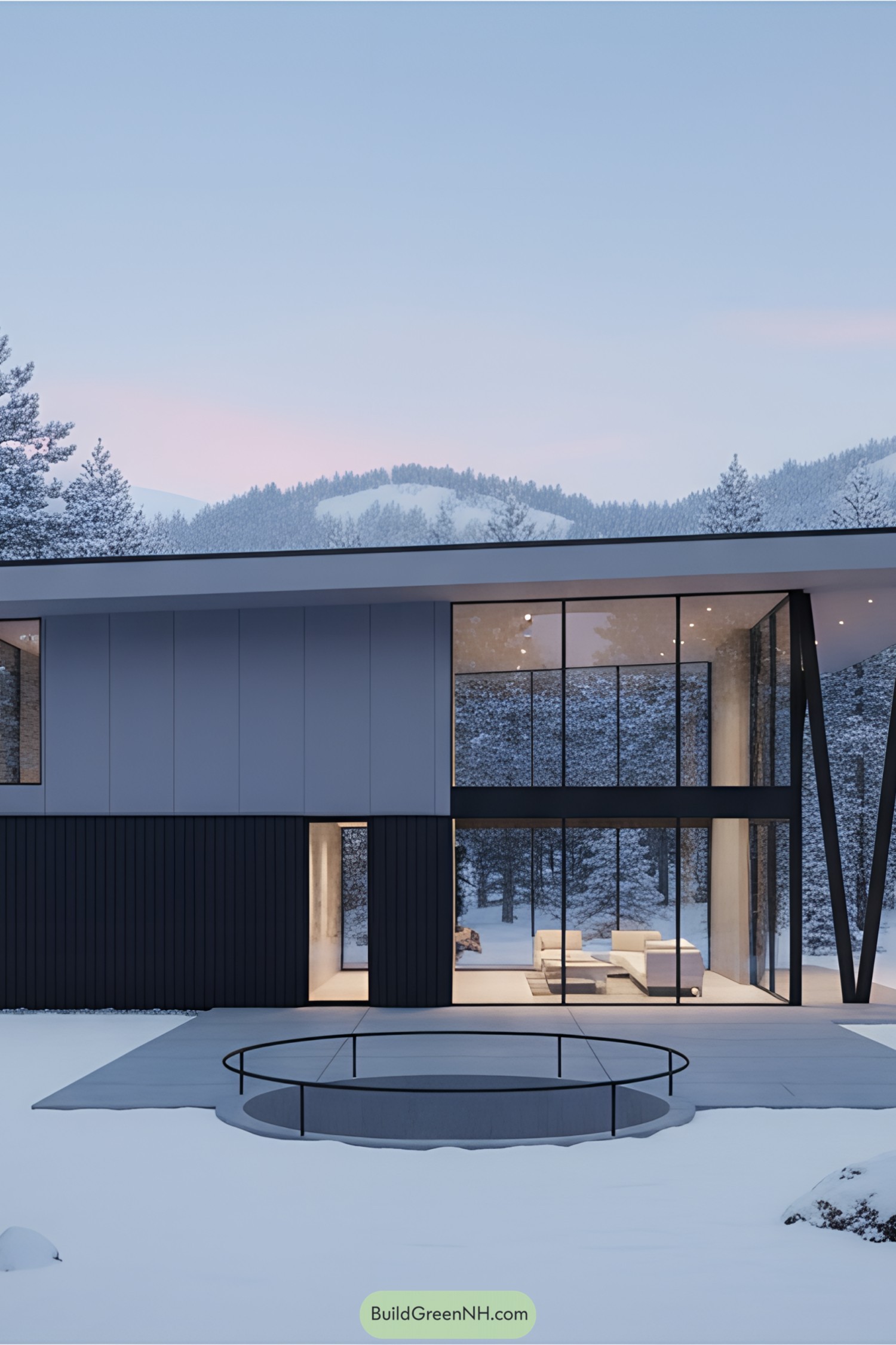 Modern house with large windows in a snowy landscape