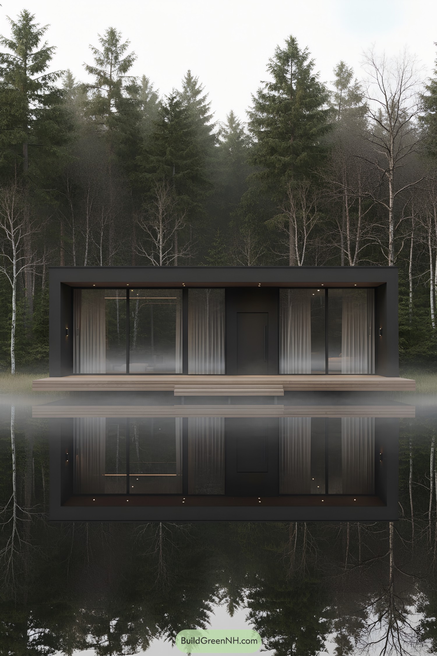 Modern house with glass facade reflecting on a calm lake, surrounded by trees