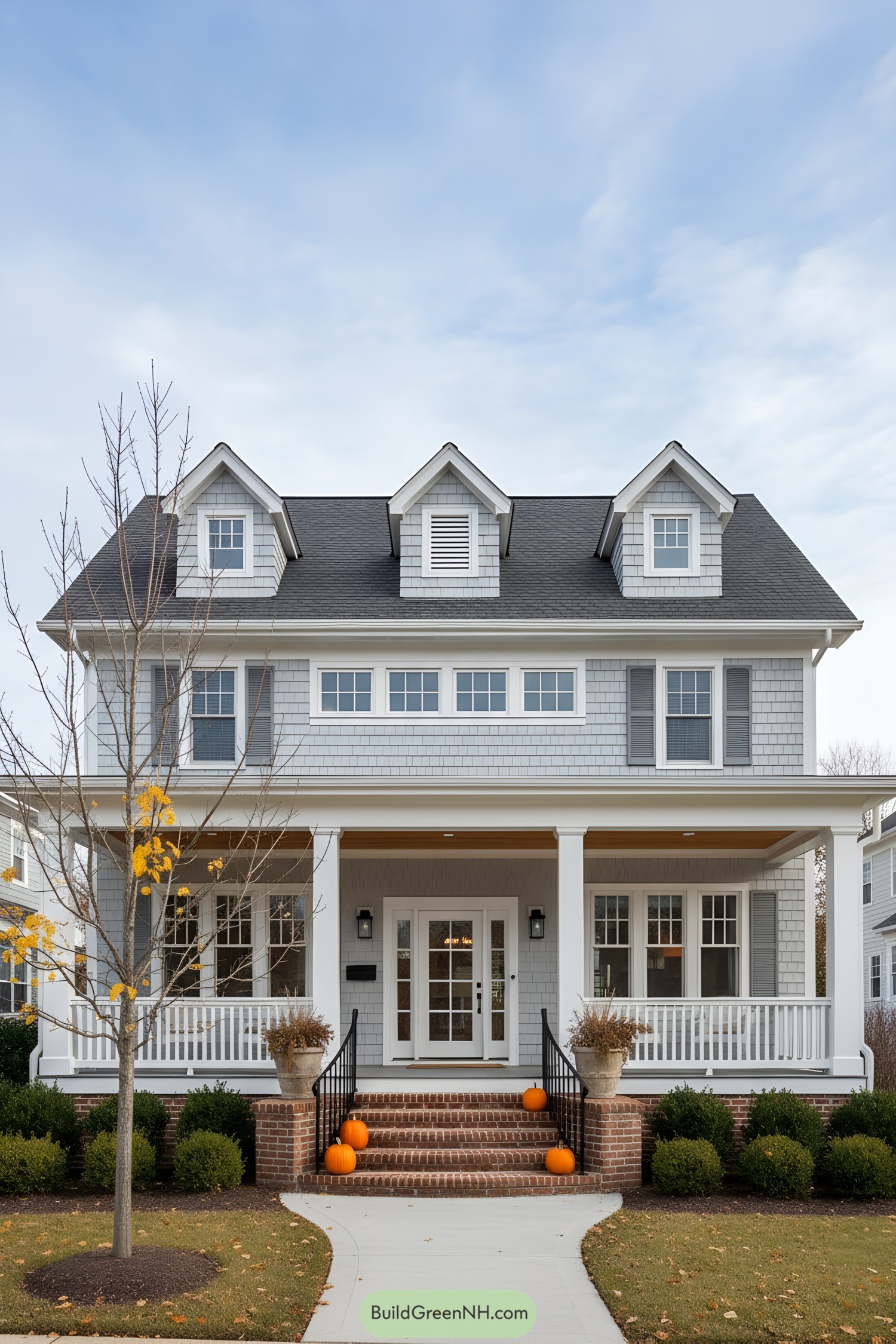 Gray shingle colonial with three dormers and brick steps