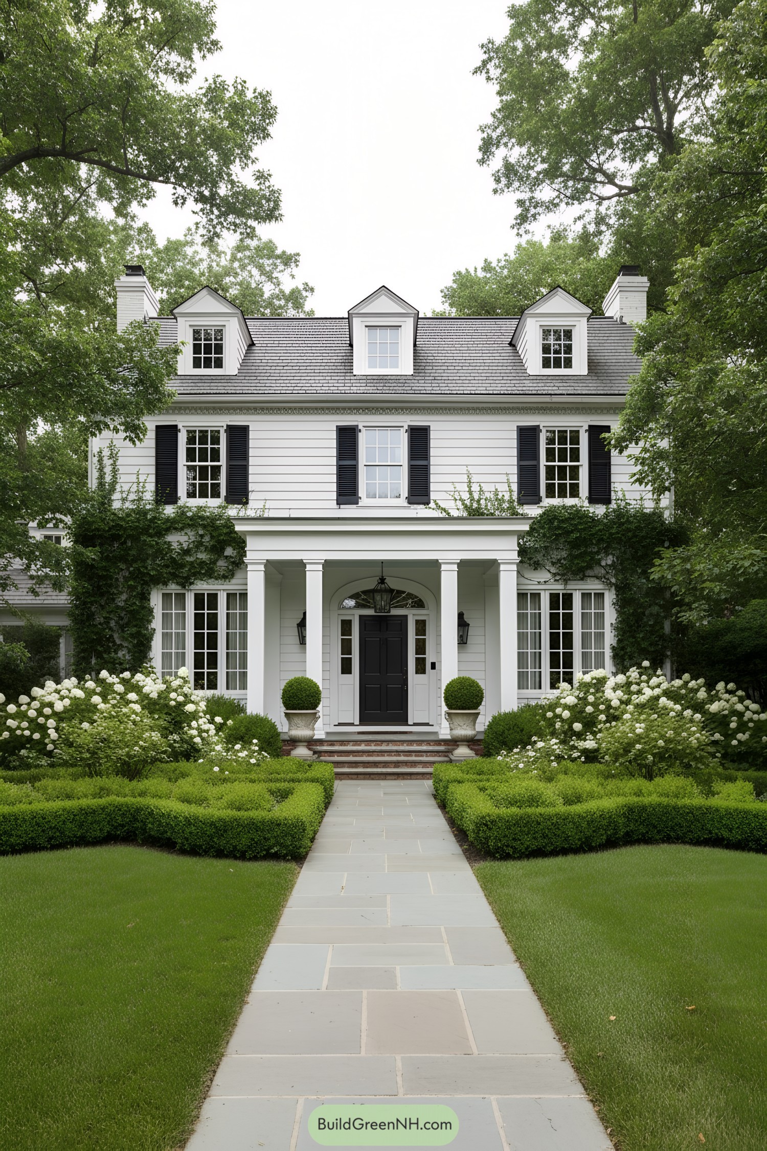 White clapboard colonial with dormers and columned portico