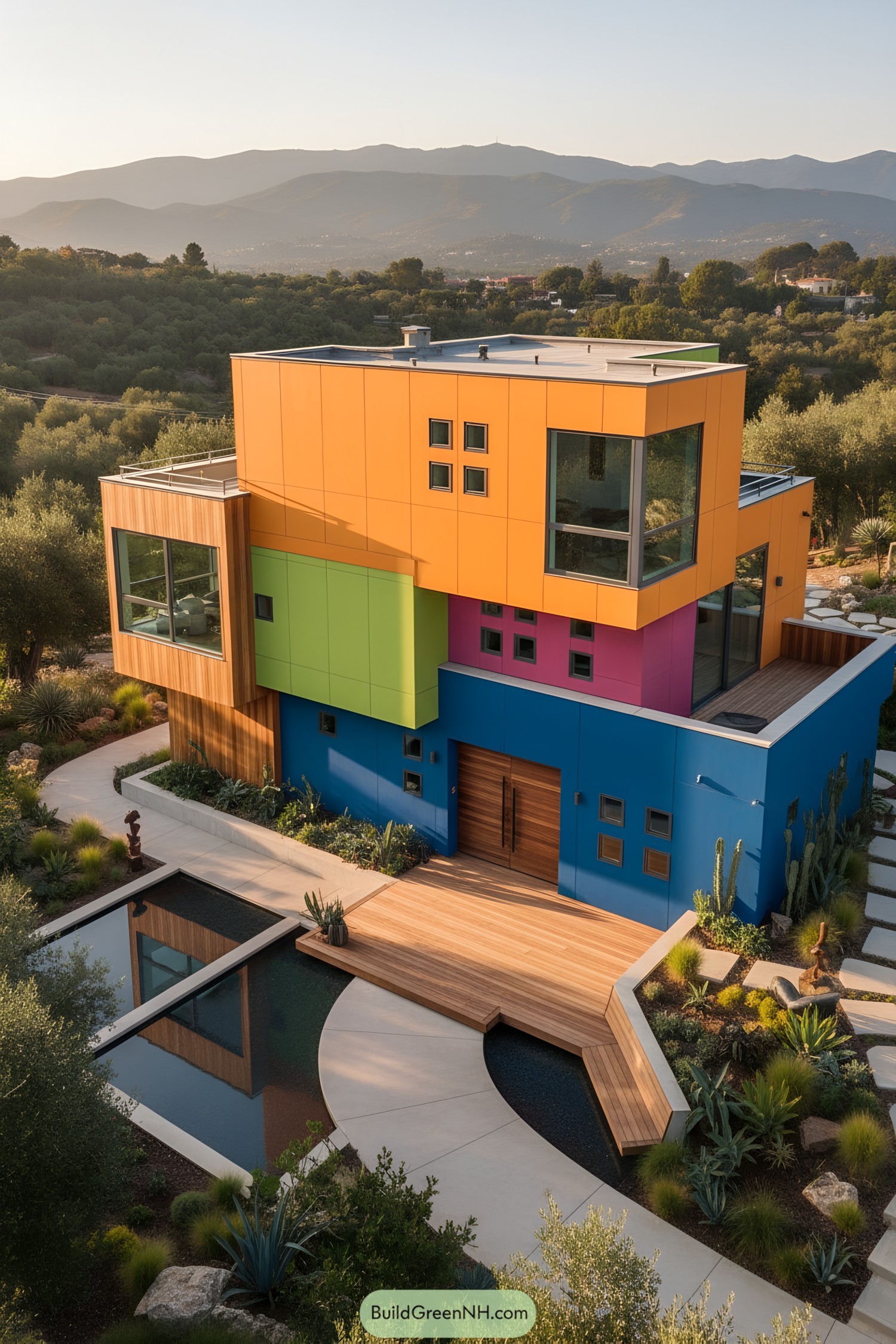 Stacked colorful house with orange, green, magenta, and blue panels, cedar accents, and a reflecting pool