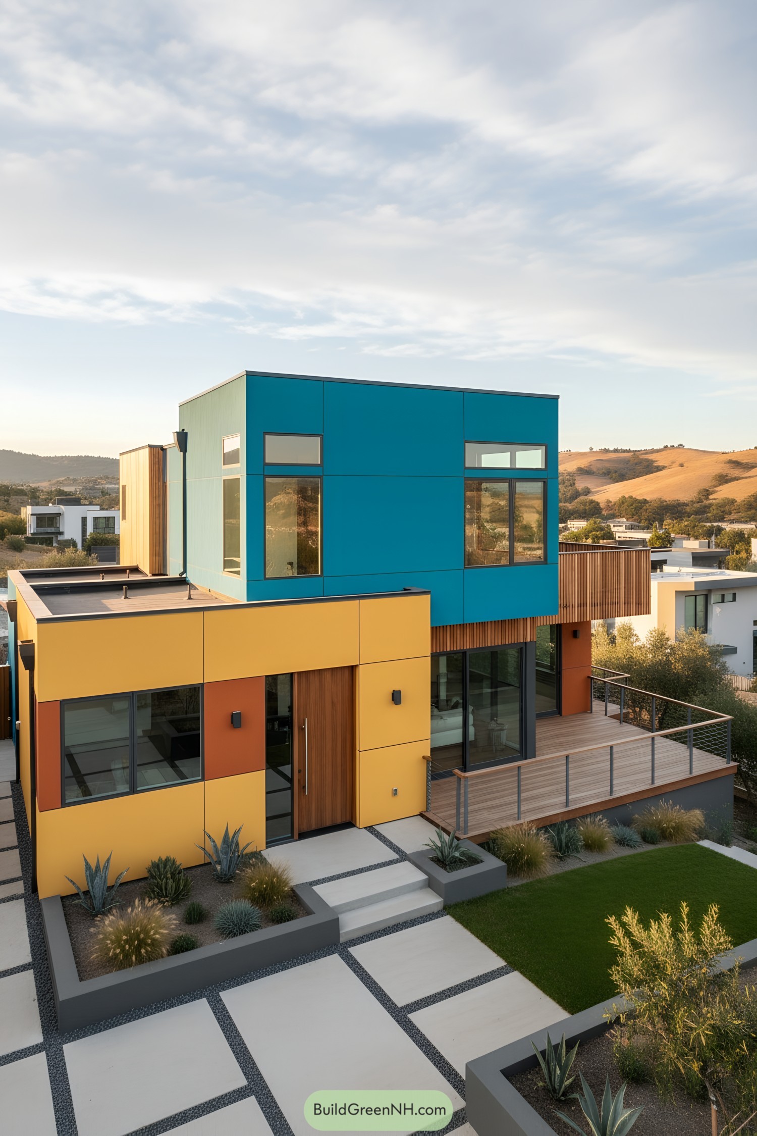 Modern two-story house with teal upper box, yellow-orange lower level, wood accents, and a glass-railed deck