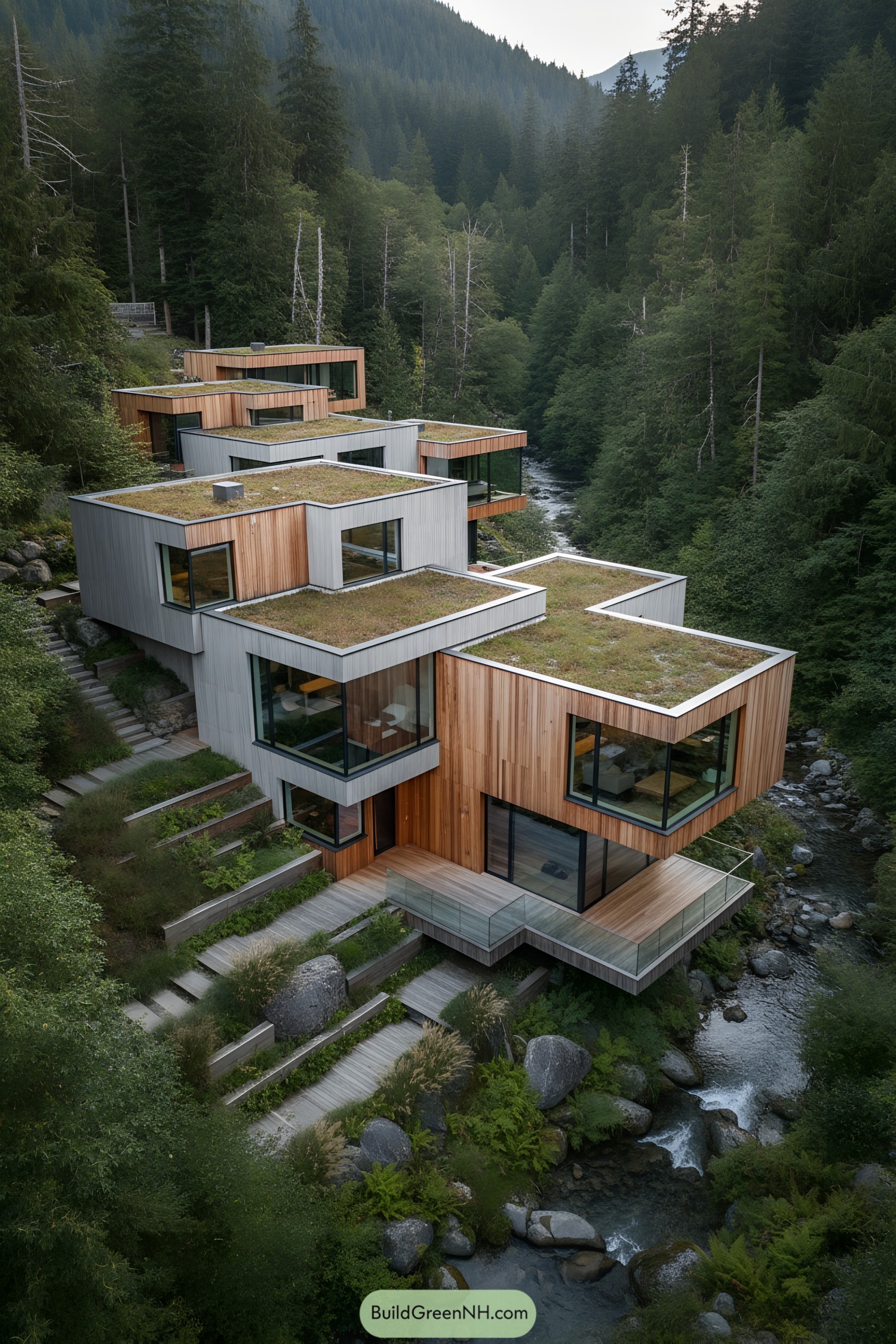 Terraced cedar-and-glass home with green roofs beside a forest stream