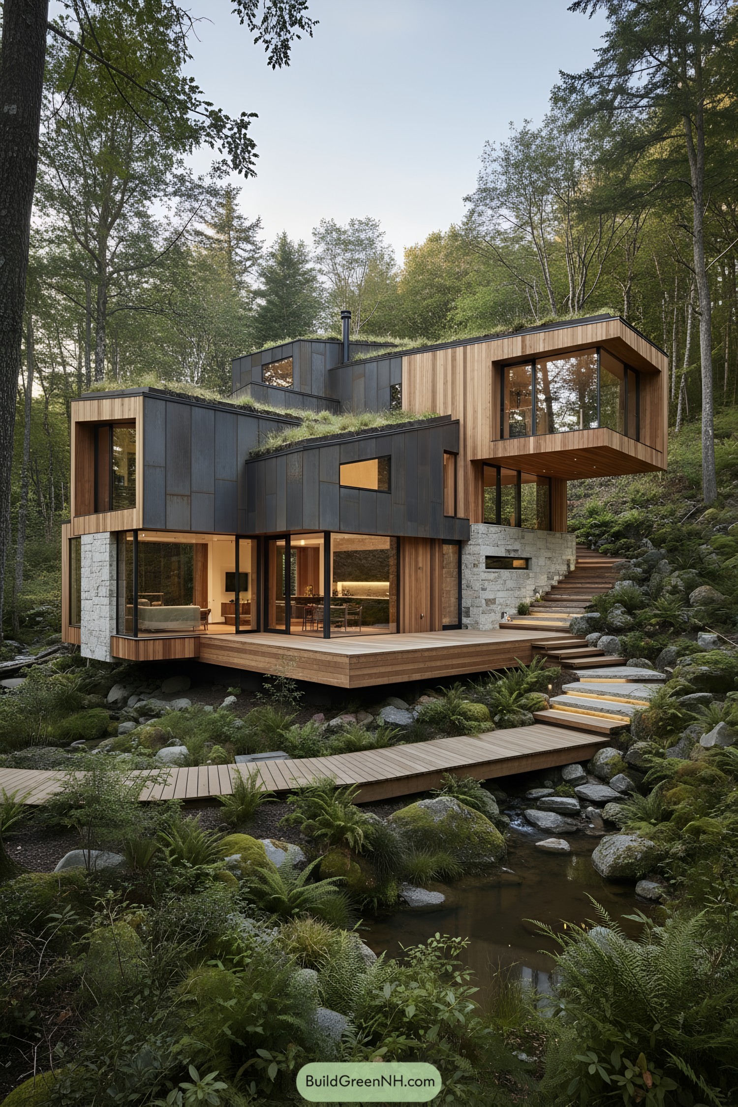 Terraced cedar-and-metal modern house with green roofs beside a forest creek