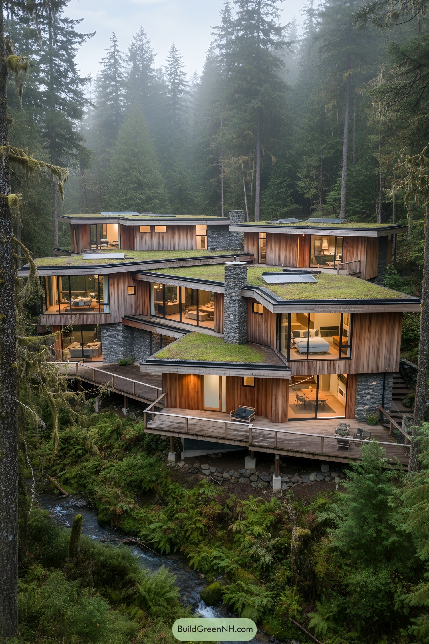 Tiered timber-and-stone house with green roofs perched above a forest creek
