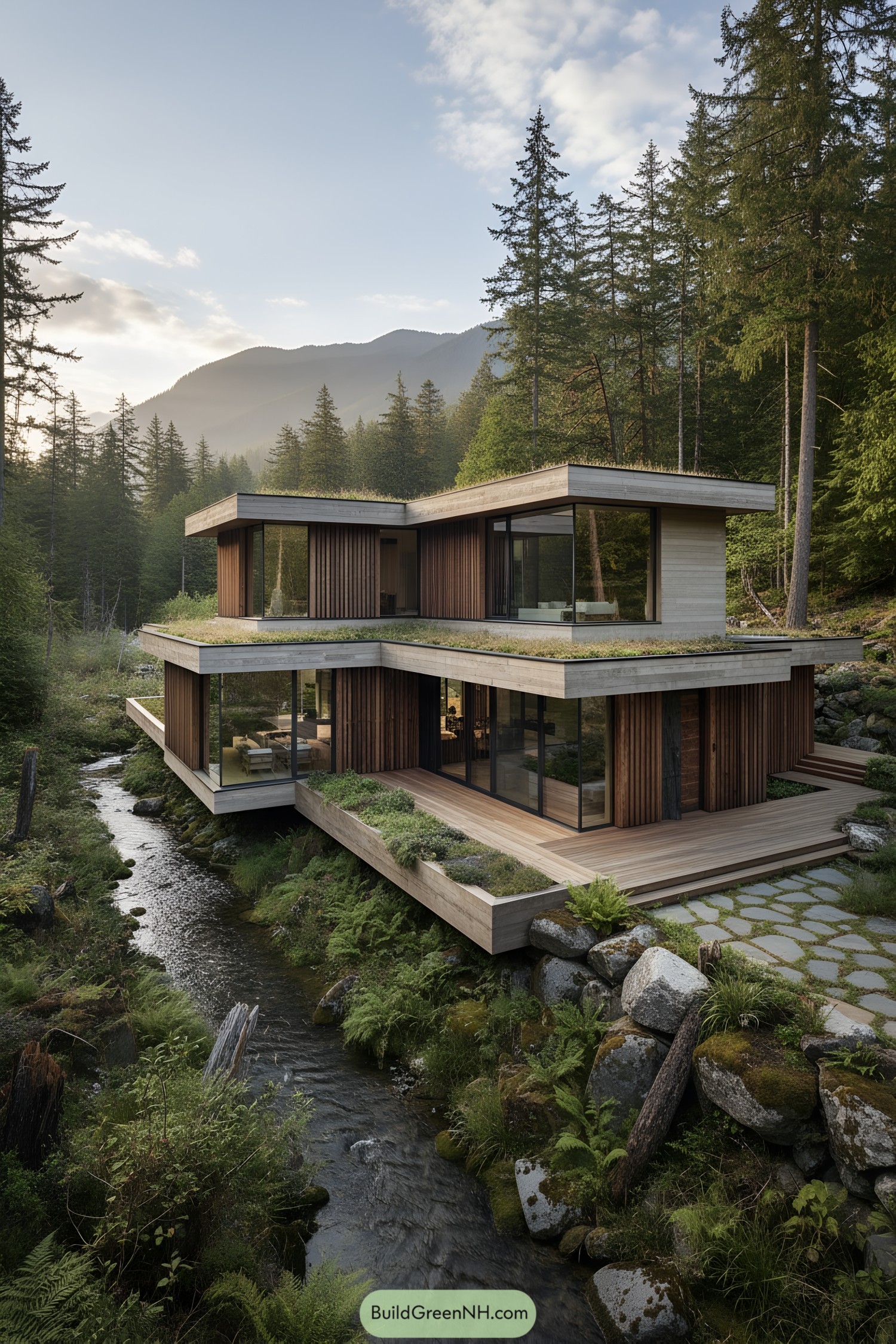 Modern two-level timber-and-glass home with green roofs cantilevered over a forest brook