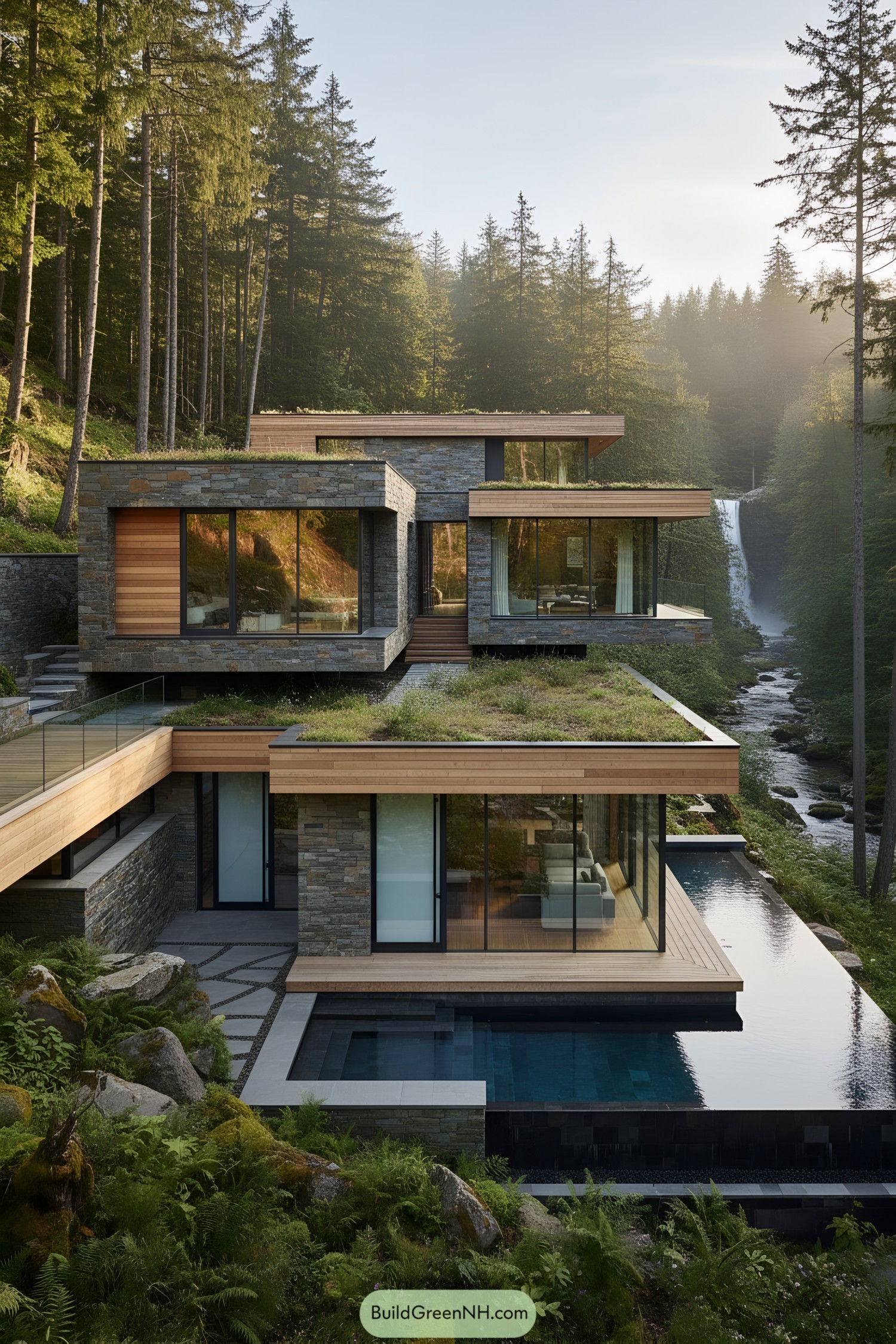 Tiered modern house with stone, wood, glass, green roofs, and an infinity pool beside a forest waterfall