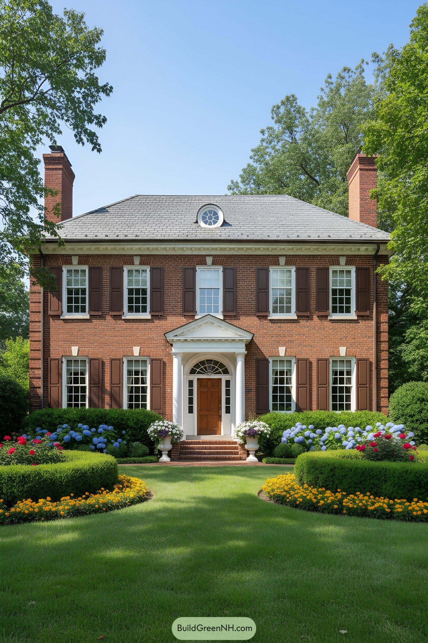 Red-brick Georgian colonial with fanlight portico, shutters, twin chimneys, and manicured garden