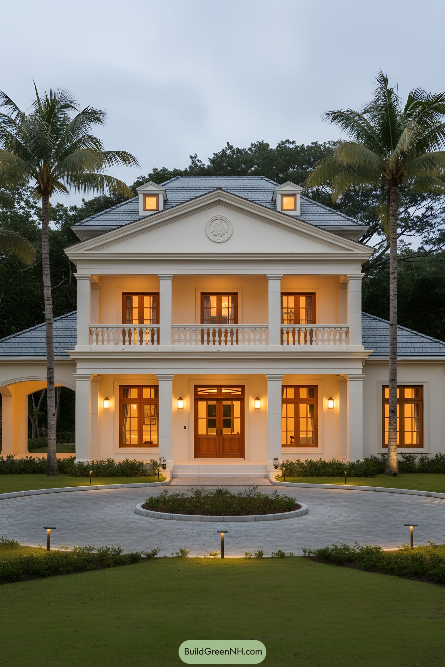 Two-story cream colonial with pedimented porch and dormers at dusk