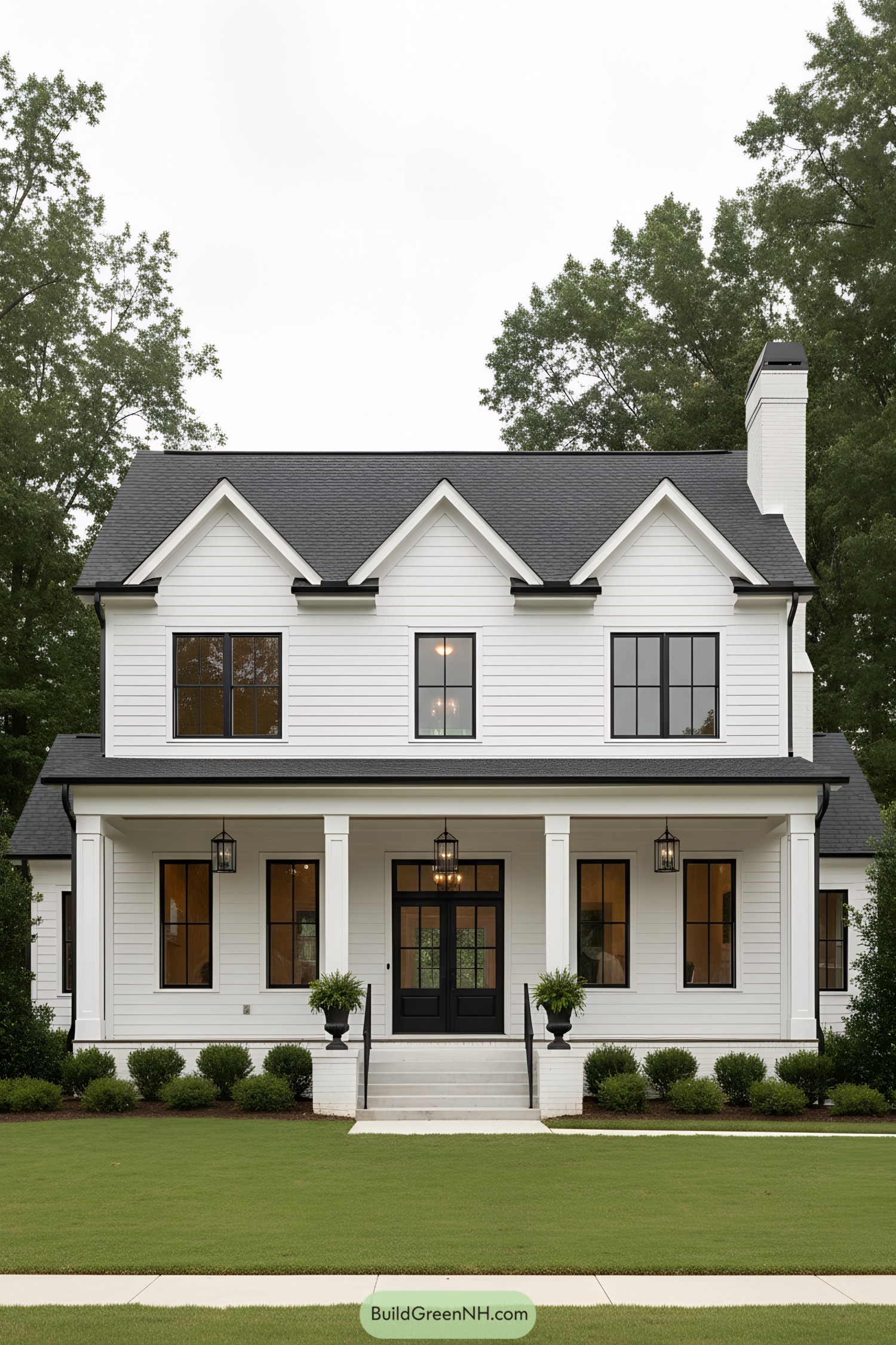 White colonial with black trim and deep porch