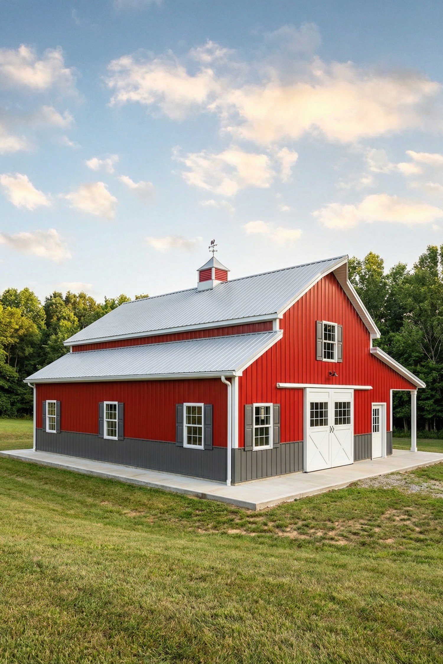 Red pole barn with gray wainscot and white trim