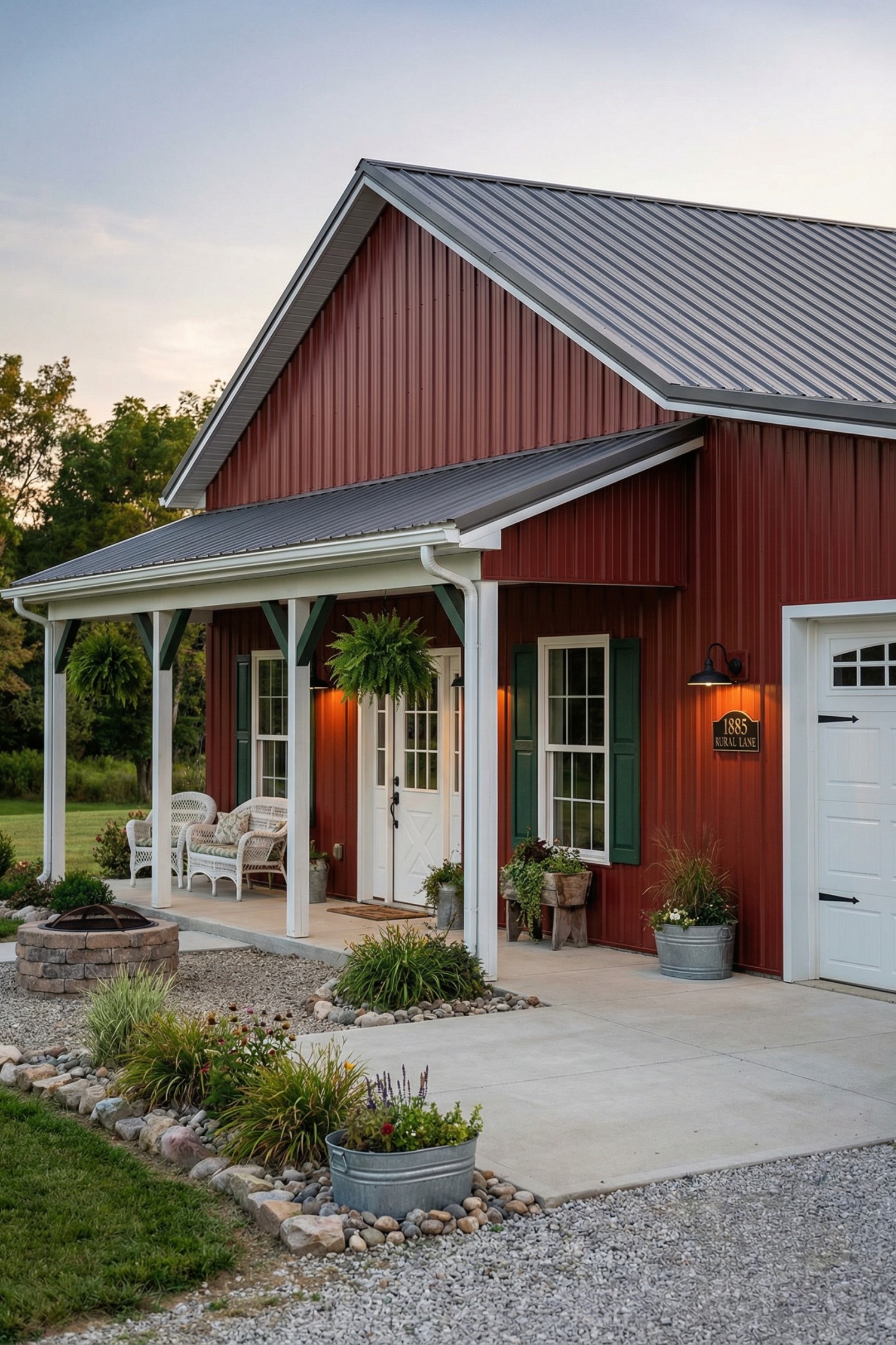 Red metal barn house with covered porch