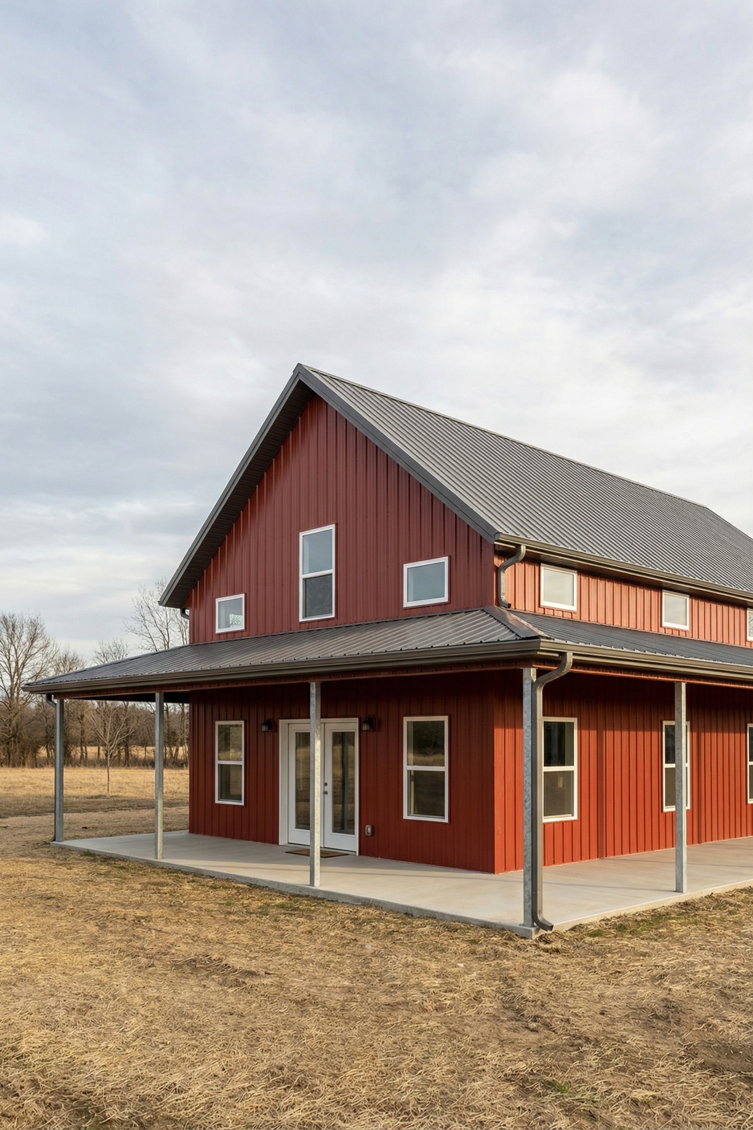 Red metal barnhome with wraparound porch