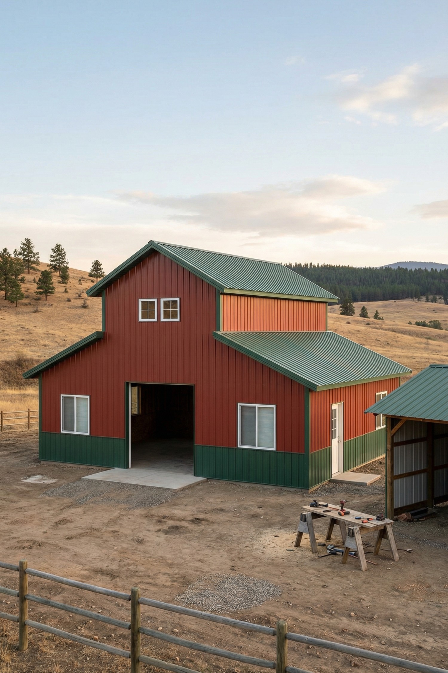 Red and green metal-roof barn with dormer