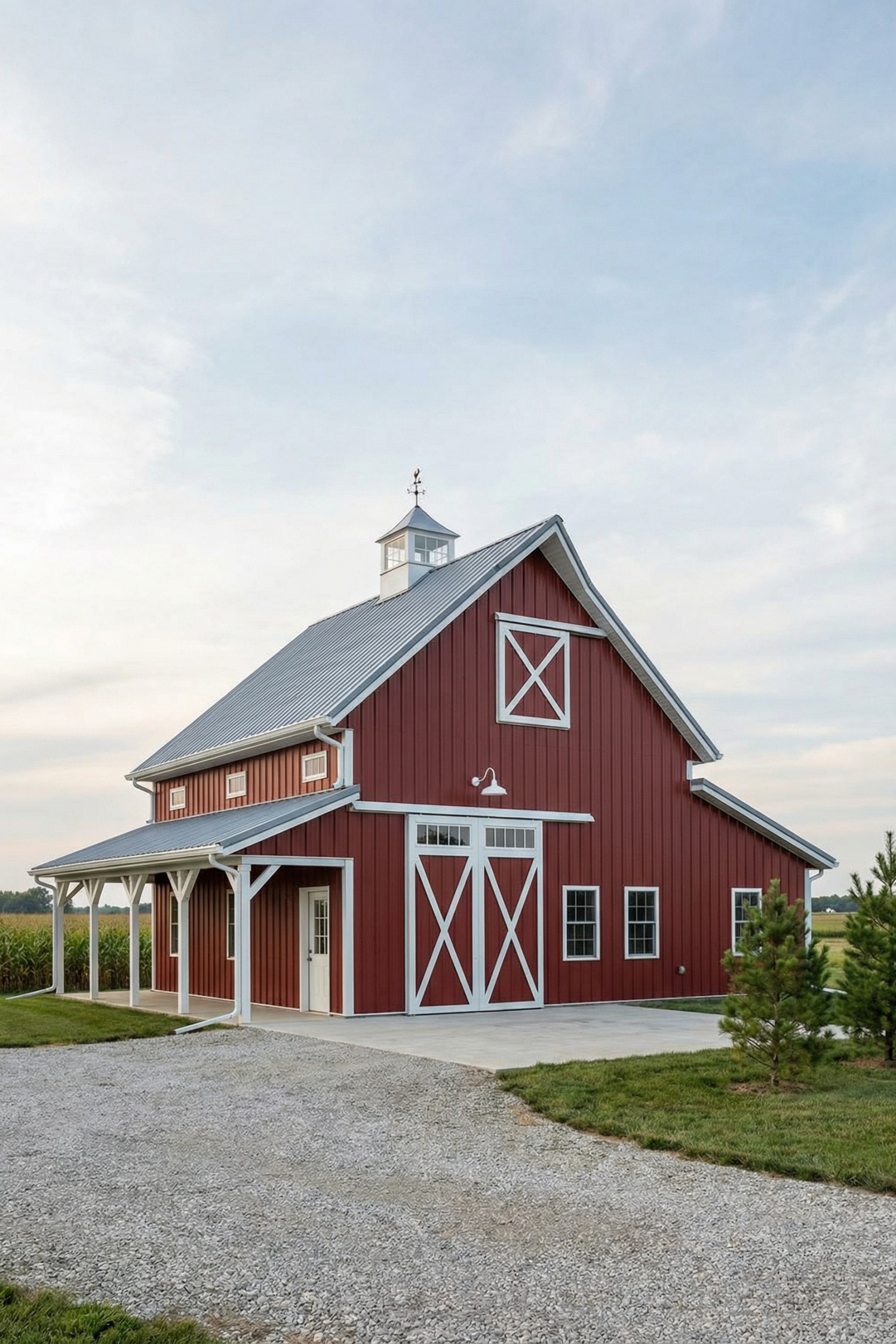 Red barn with white trim and cupola