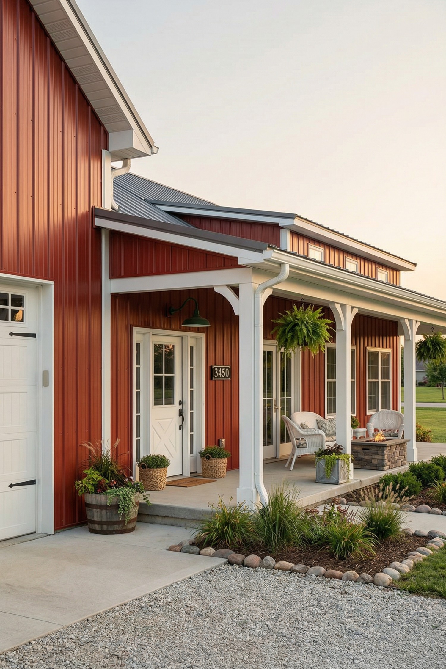 Red pole barn with white trim and inviting porch