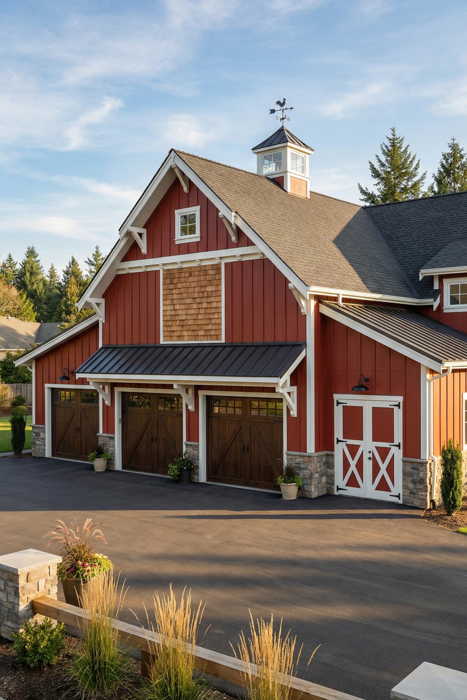 Red barn with white trim three wooden garage doors cupola and stone base