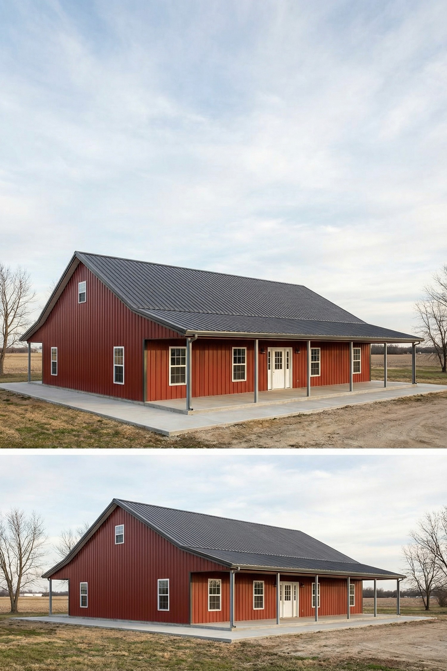 Red metal barnhouse with deep wraparound eaves and covered porch