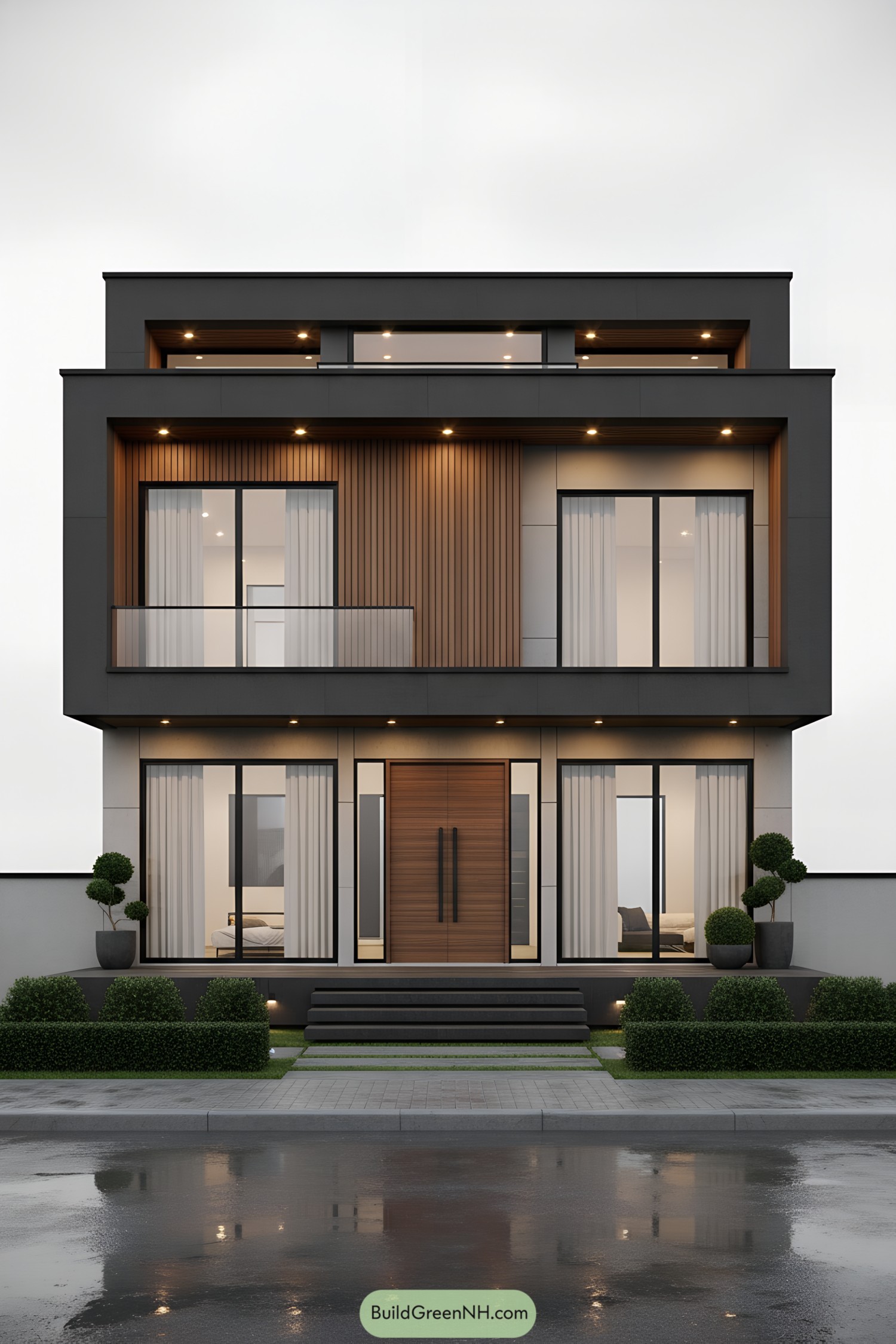 Modern two-story facade with dark frames, wood cladding, and glass rail balcony