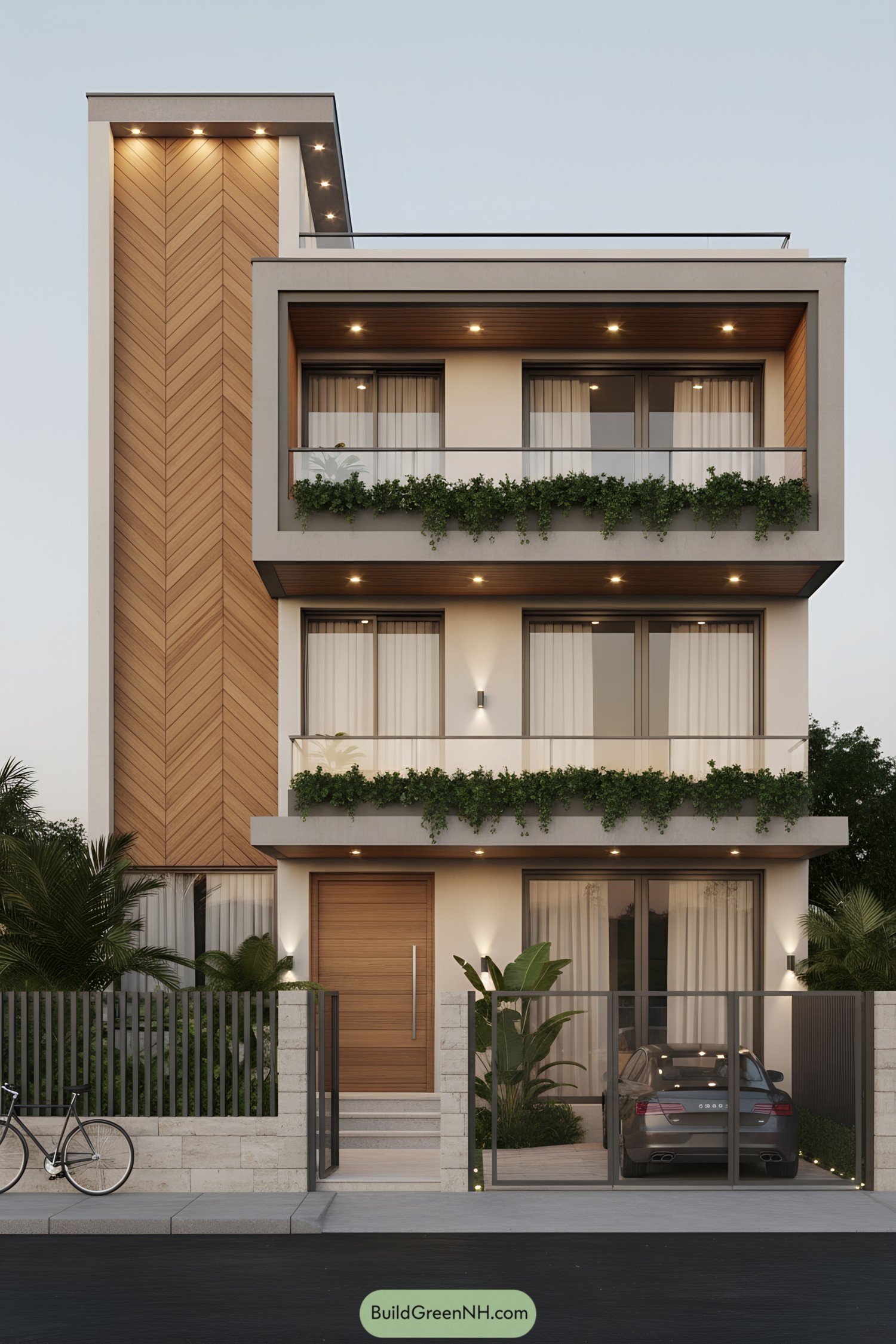 Modern three-story facade with planters