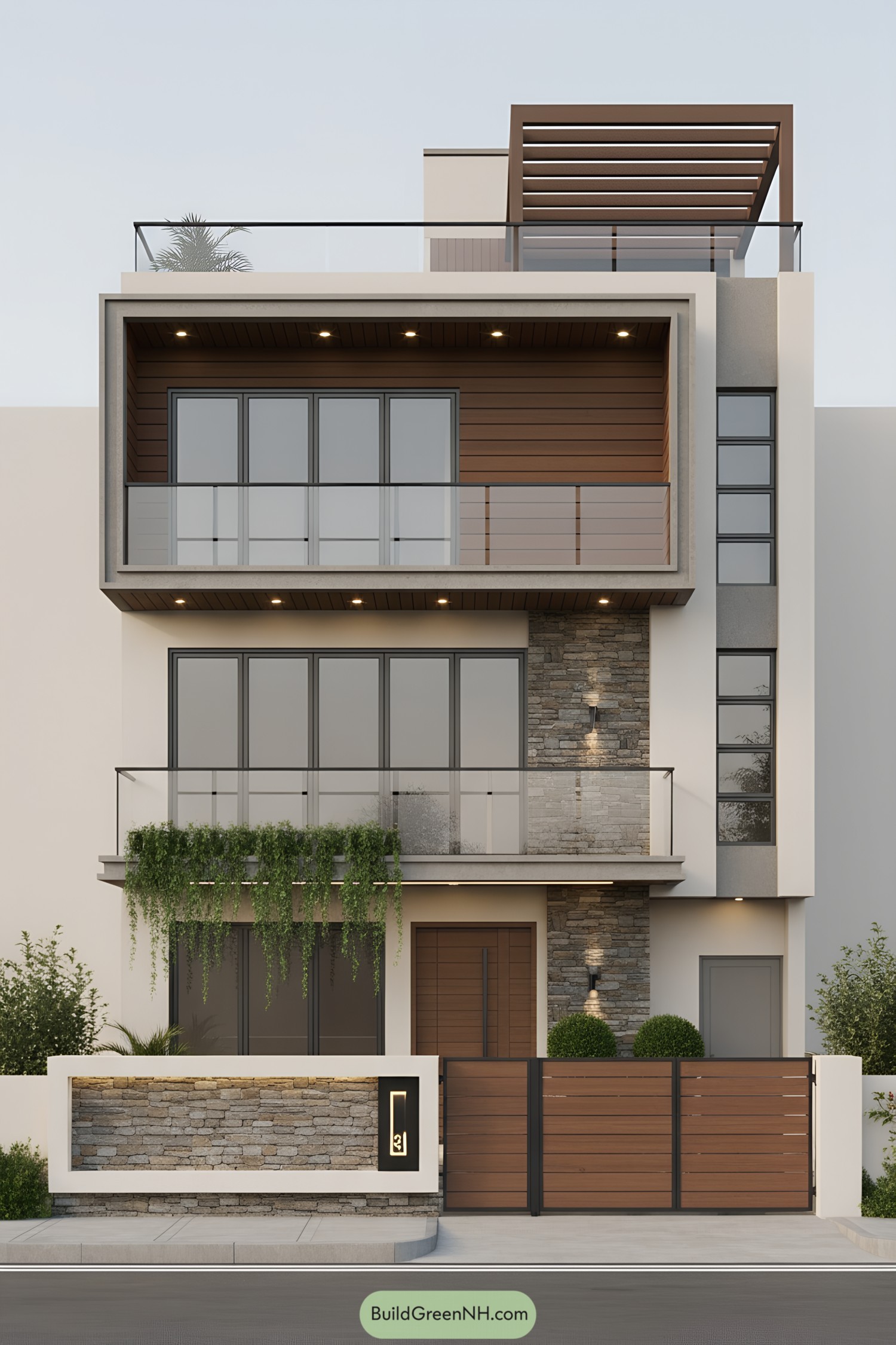 Modern three-story facade with wood slats, glass railings, and stone accents