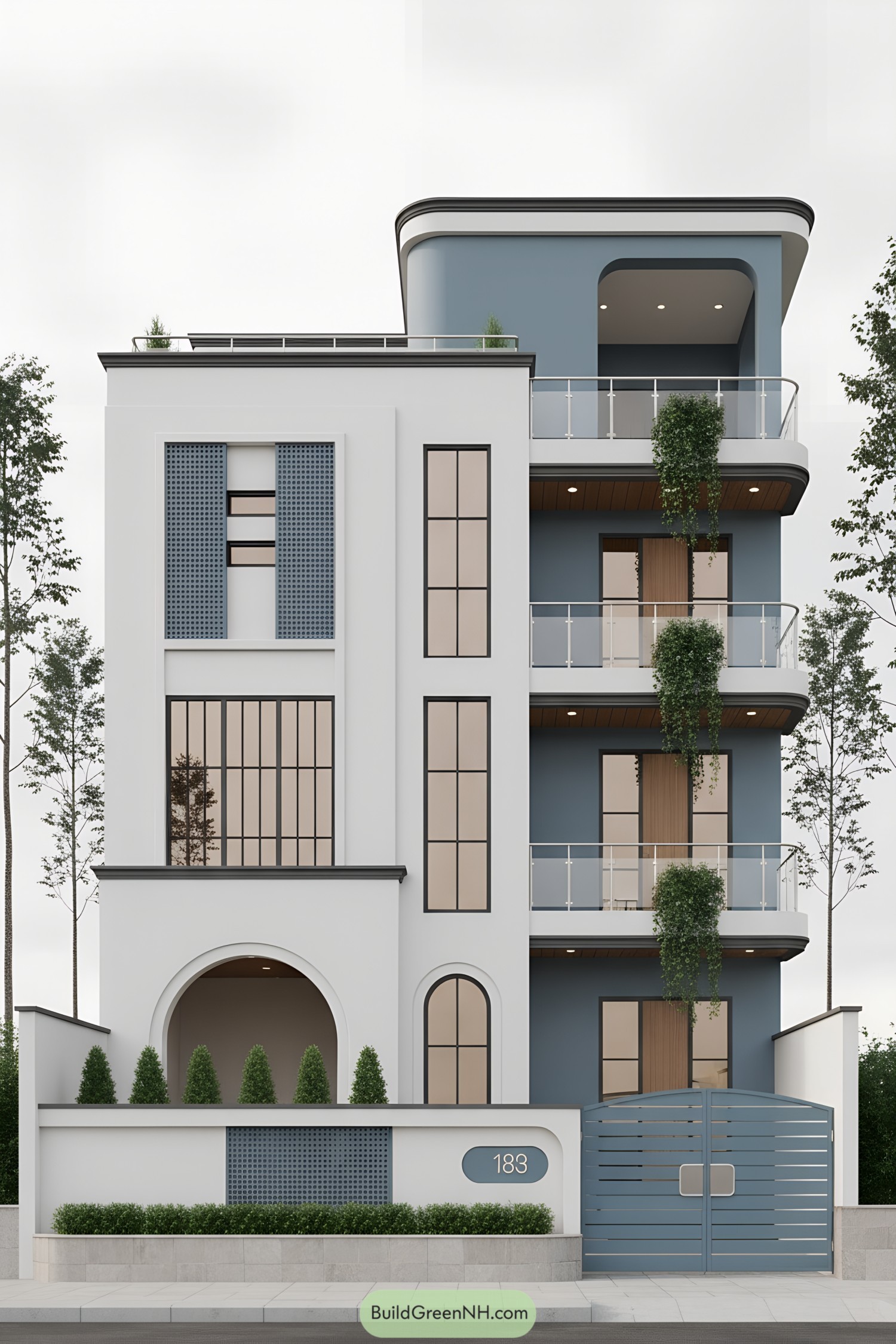Modern three-story home with arched entry and blue-gray balconies