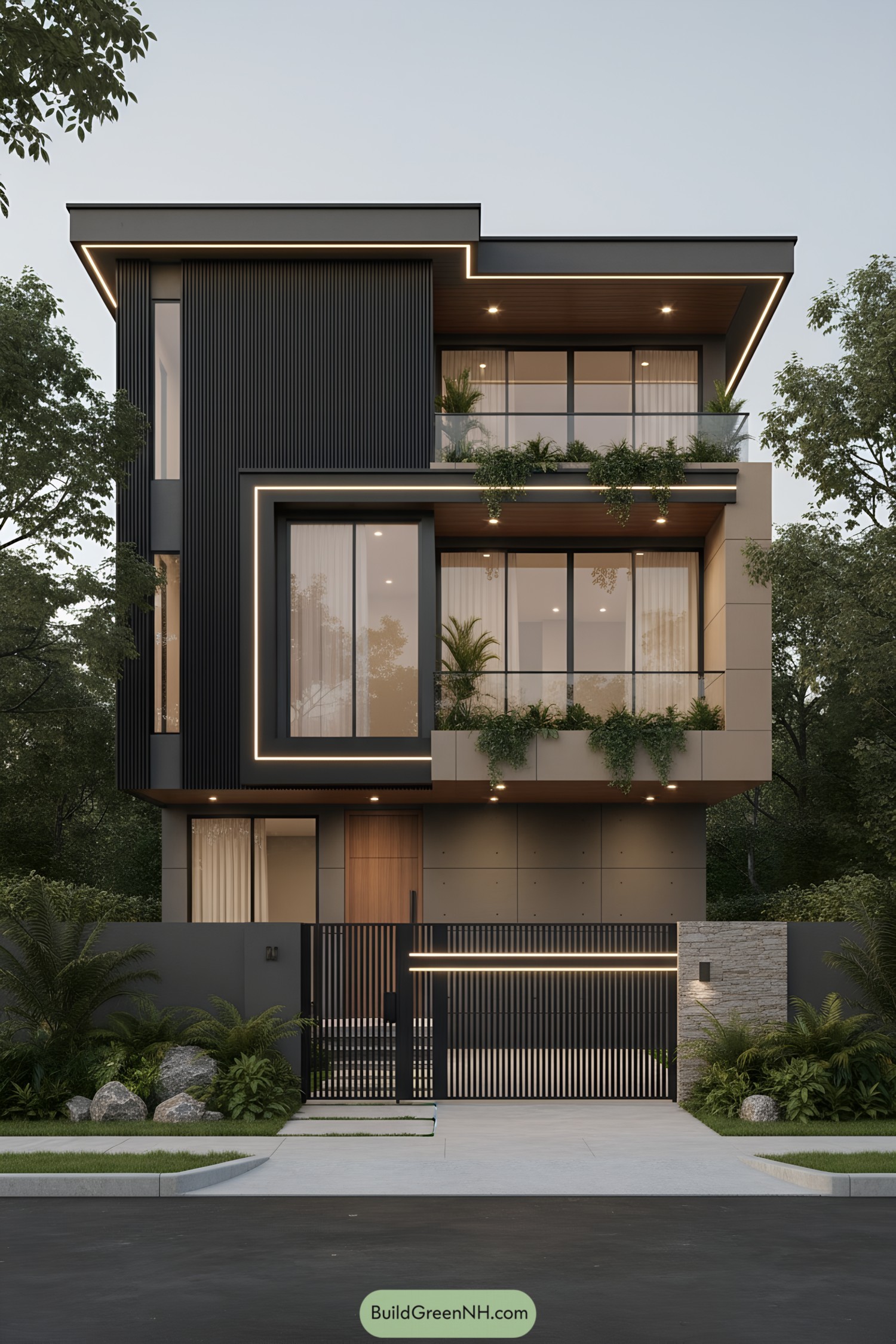 Modern three-story facade with linear lights