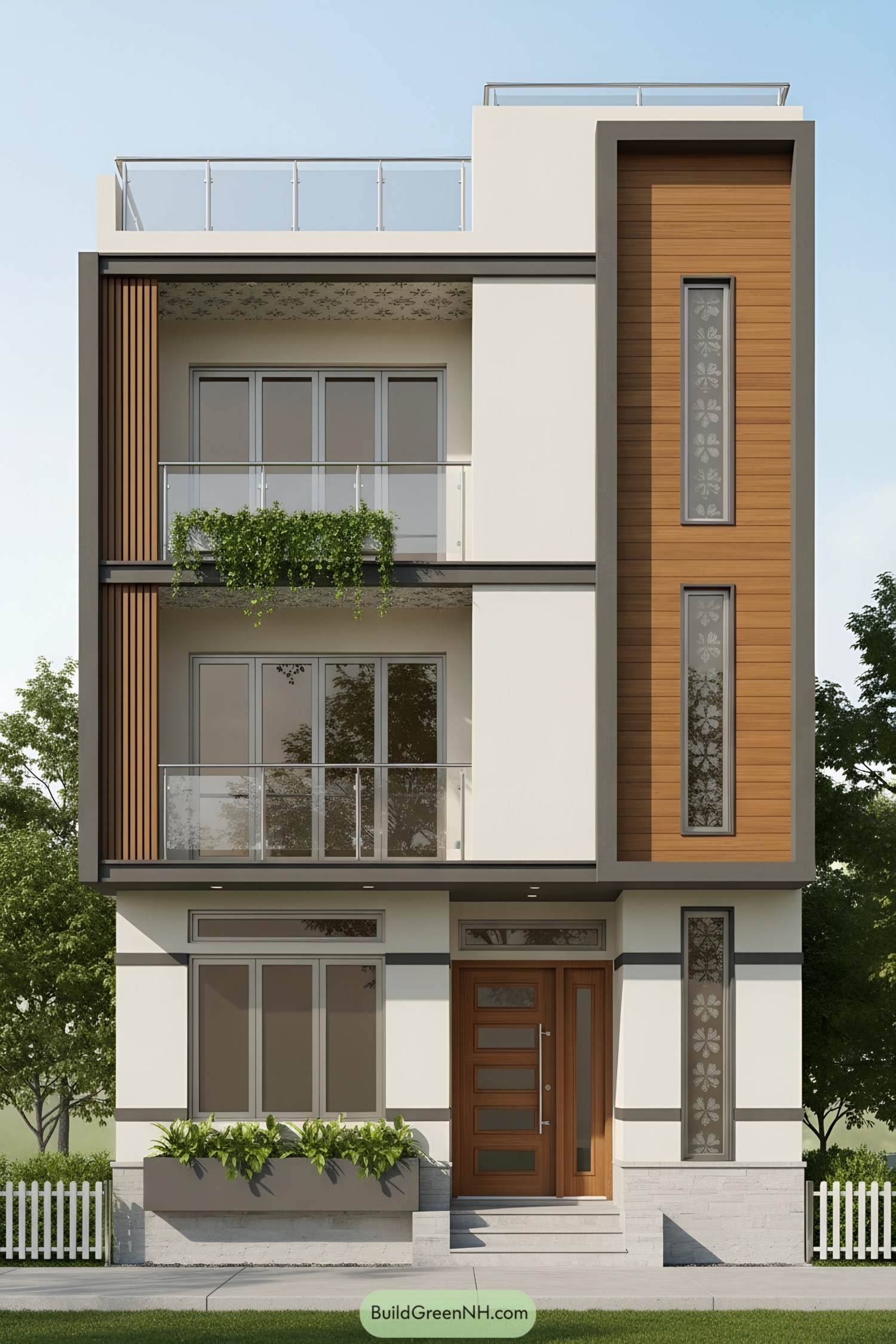 Three-story facade with wood accents and glass railings