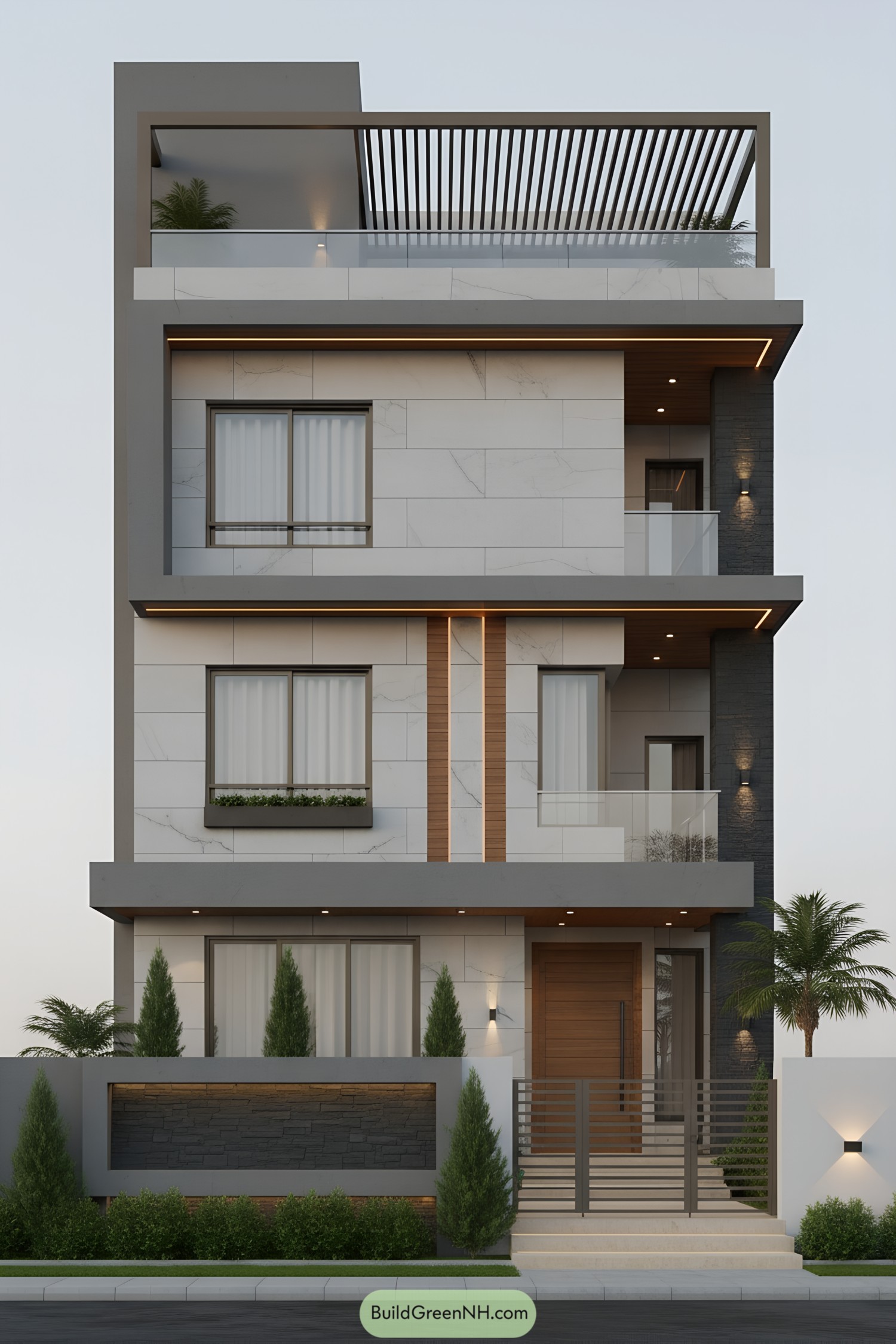 Modern three-story house with pergola terrace and glass railings