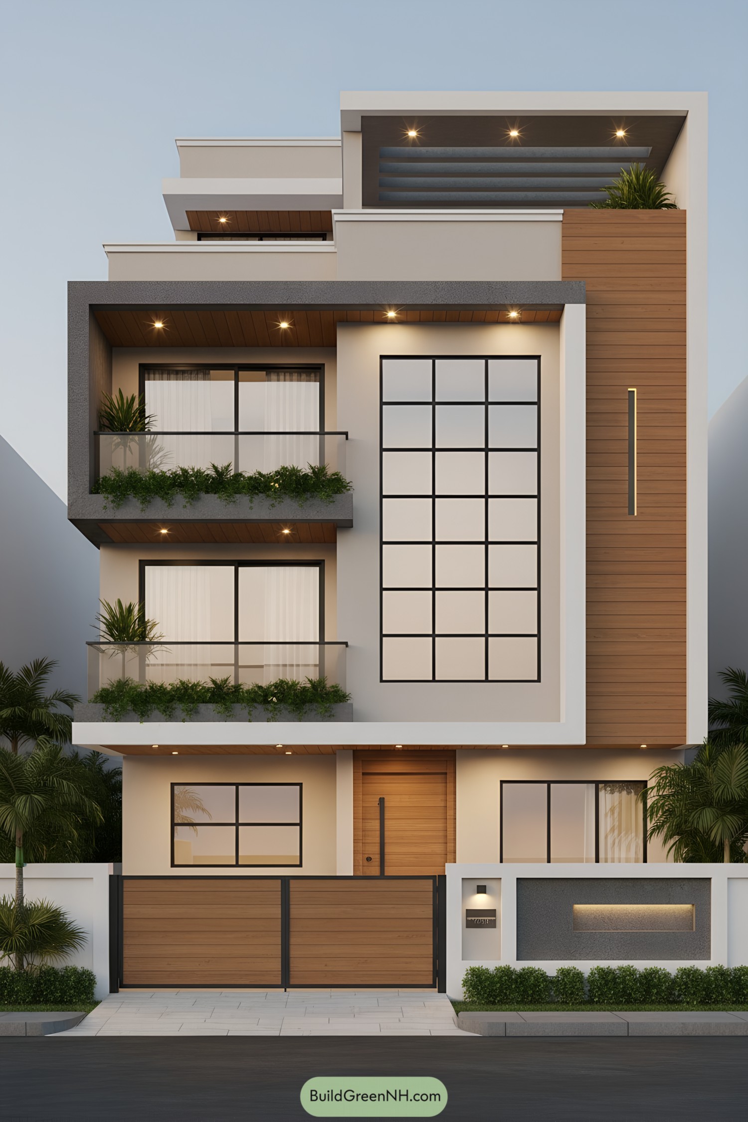 Modern three-story house with wood accents and large grid window