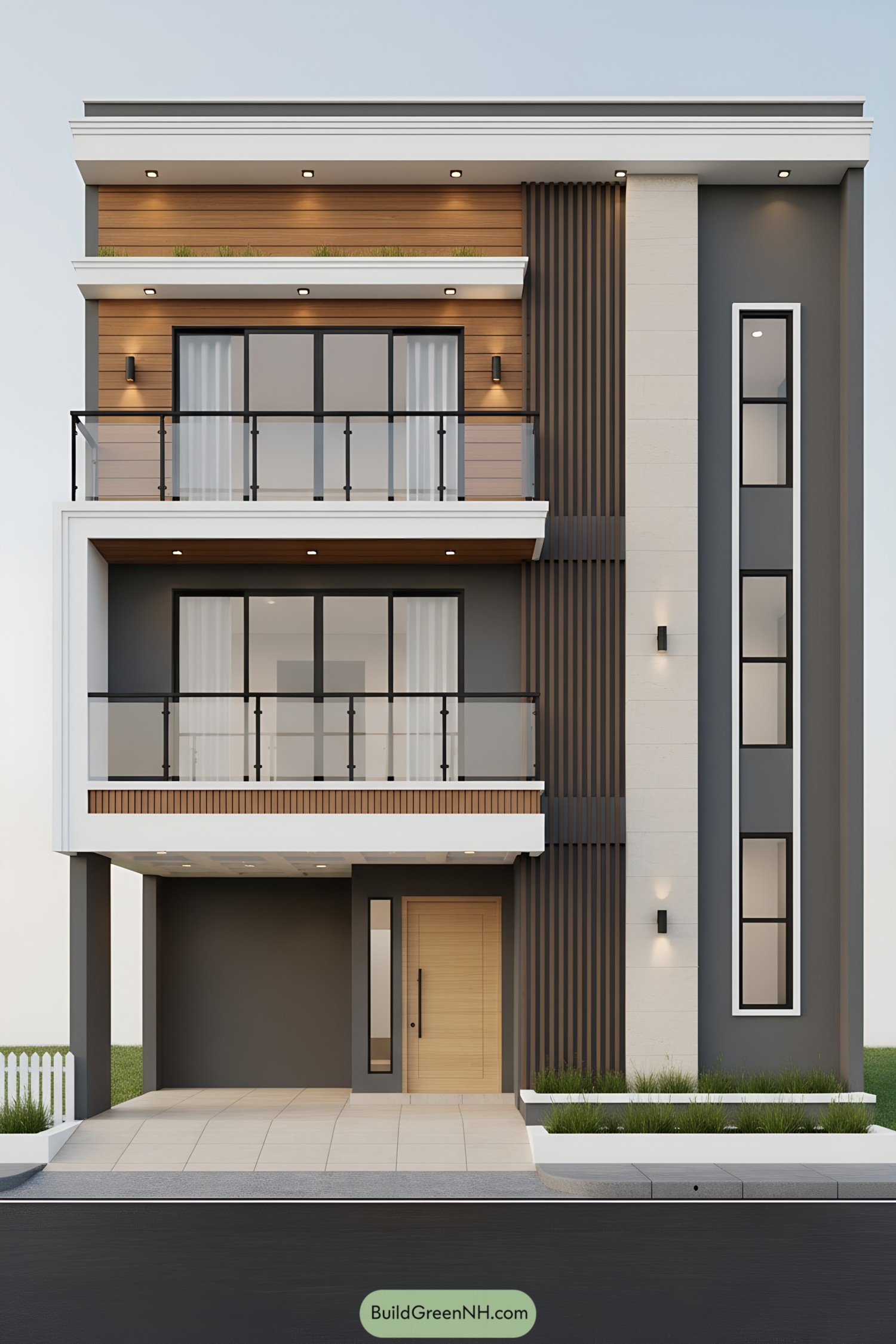 Three-story modern facade with wood cladding, glass railings, and vertical fins