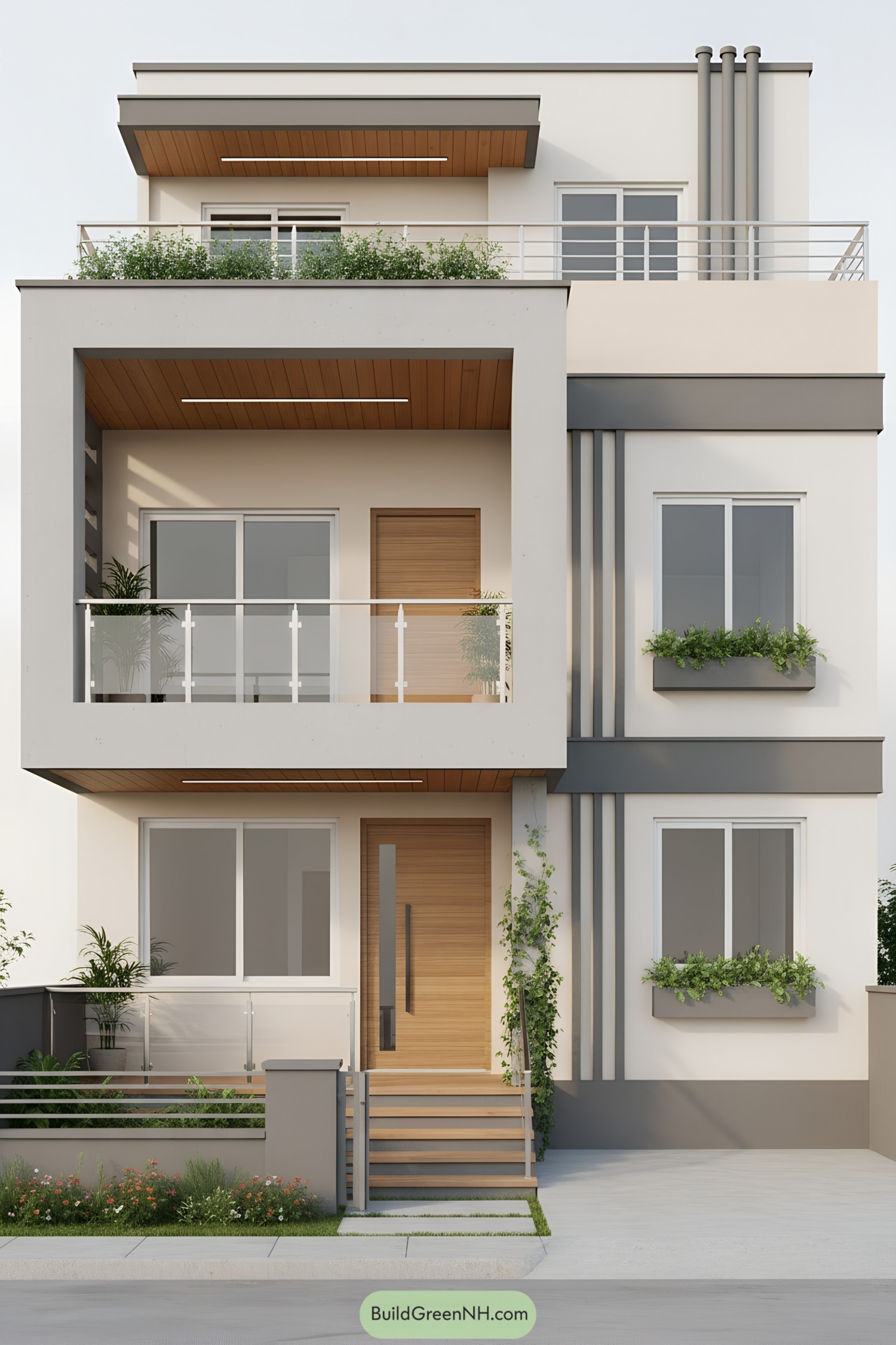 Modern three-story facade with planters and balcony