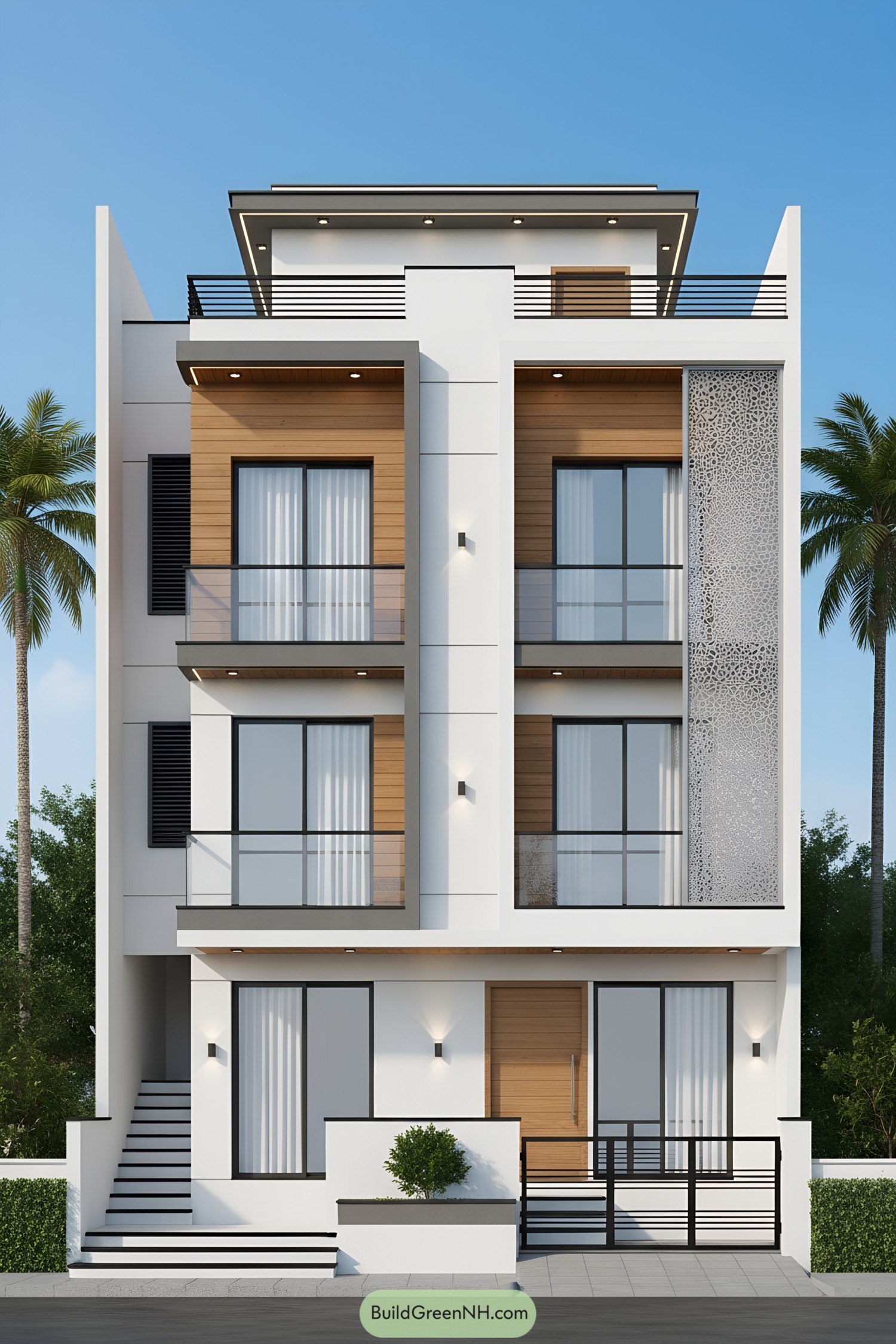 Modern three-story facade with wood accents, balconies, and perforated screen