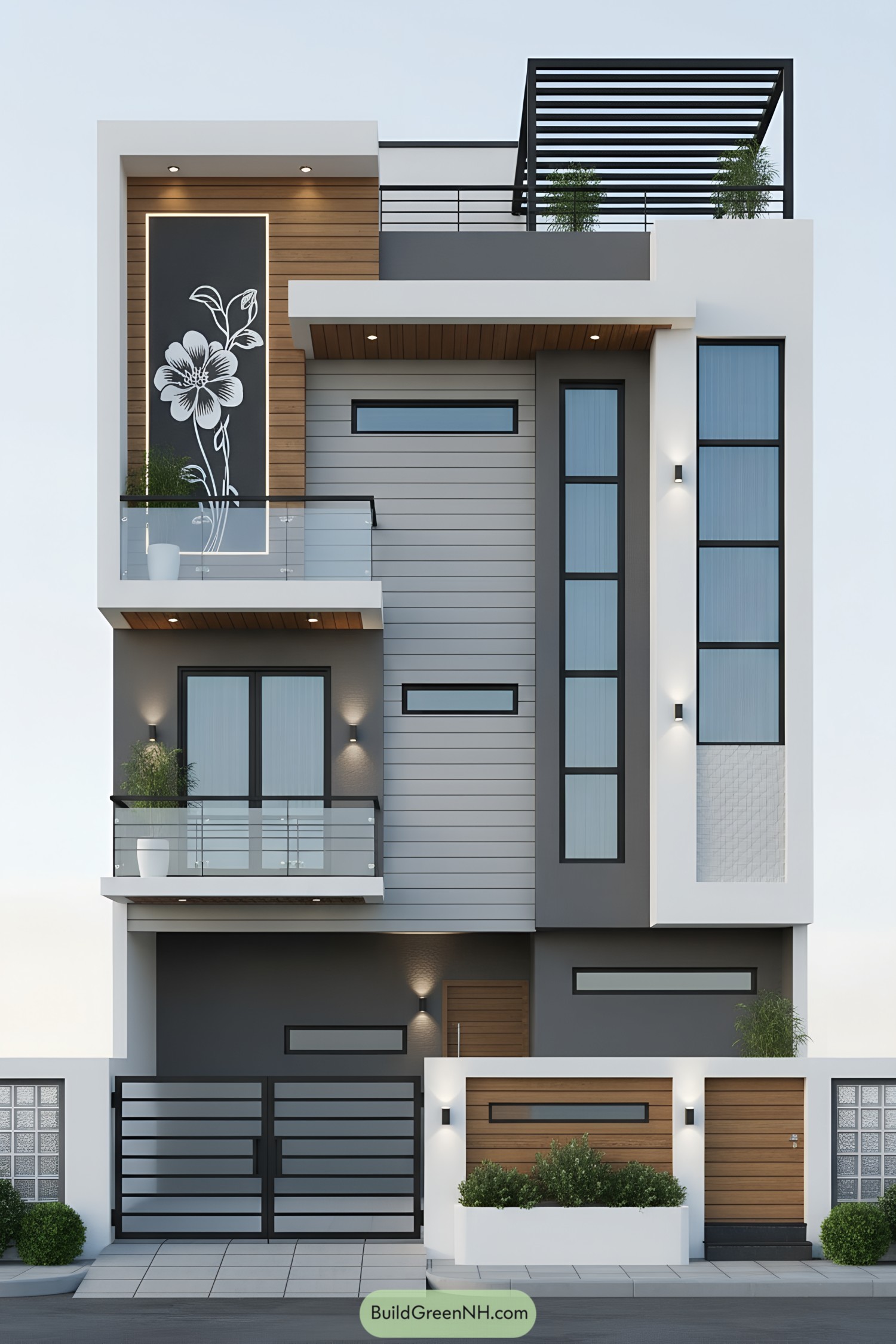 Modern three-story facade with floral panel, glass balconies, and slatted rooftop pergola