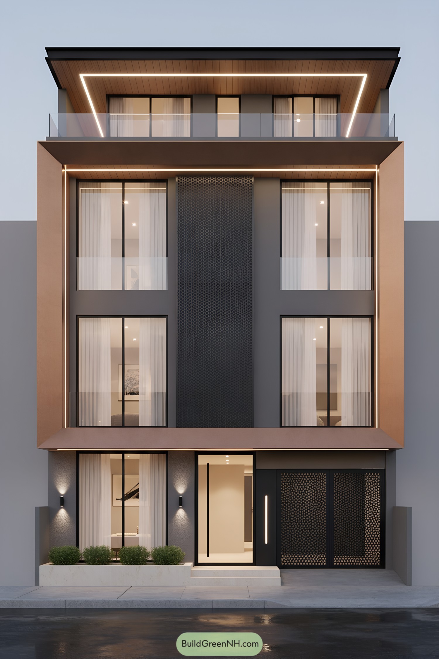 Modern townhouse facade with bronze frame, perforated screens, and LED edge lighting