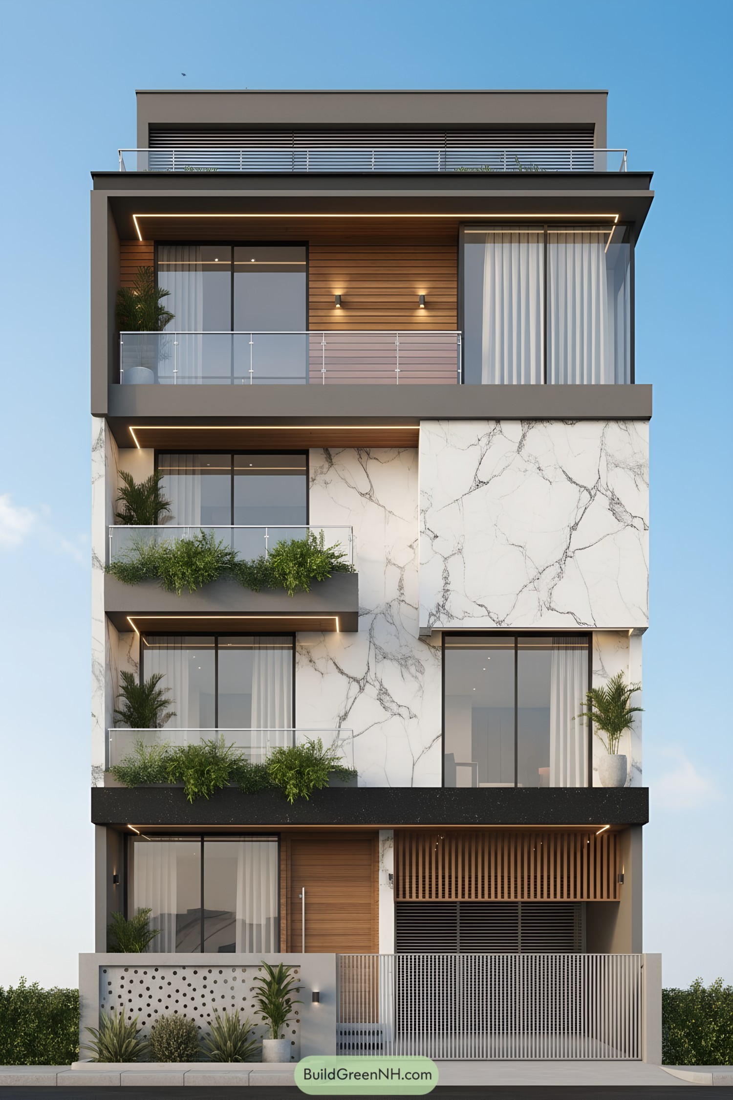 Modern facade with marble and wood accents