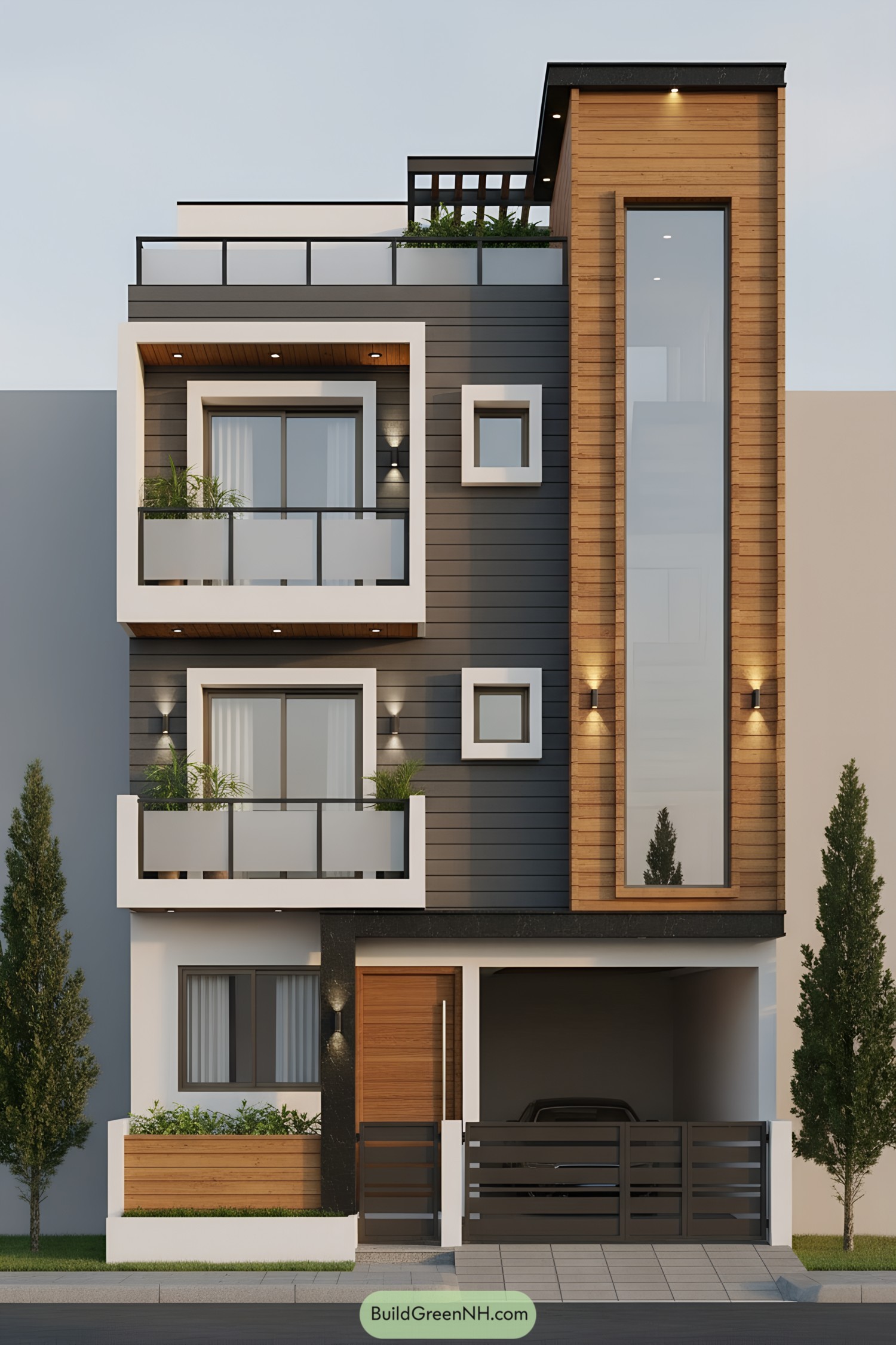 Modern three-story front with cedar and charcoal cladding, box balconies, and tall vertical window