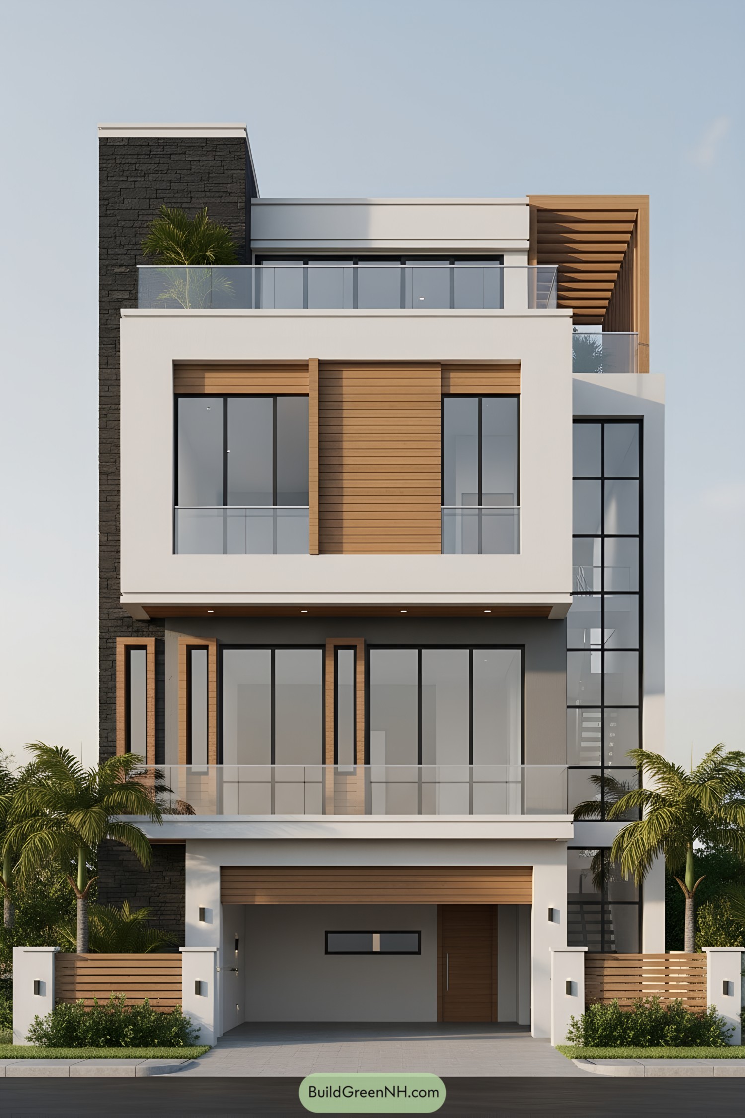 3D design of 4 story house elevation modern 3d design, facade, materials, colors, windows style, roof style, door style, outdoor area, landscaping. - Facade and style: Contemporary cubic massing, clean lines, stacked volumes, strong horizontal slabs, partial stone-clad tower, minimalist railings. - Colors: Cool white base, medium slate-gray accents, charcoal stacked-stone feature wall, warm teak wood panels, black window frames. - Shape of the structure: Rectangular footprint with offset projections, cantilevered second and third-floor balconies, vertical stair/shaft block on the right, recessed ground-floor car porch. - Materials of the building: Smooth stucco, stacked stone veneer, natural wood cladding, exposed concrete bands, clear glass, matte metal trims. - Roofing: Flat roof terraces on third and fourth levels, slim parapets, frameless glass balustrades, rooftop pergola in horizontal wood slats. - Windows style: Large rectangular floor-to-ceiling sliders and fixed panes, black aluminum frames, some narrow vertical slit windows, occasional wood-clad surrounds. - Doors style: Minimal flush main entry in wood finish, wide garage opening with concealed track, balcony sliders in glass and aluminum. - Outdoor structures leading to and around the building: Street-facing boundary with low stone piers and horizontal wooden slats, planter boxes integrated into plinth and balcony edges, paved driveway to car porch, small hedge borders, sparse tropical shrubs and medium palms along frontage.