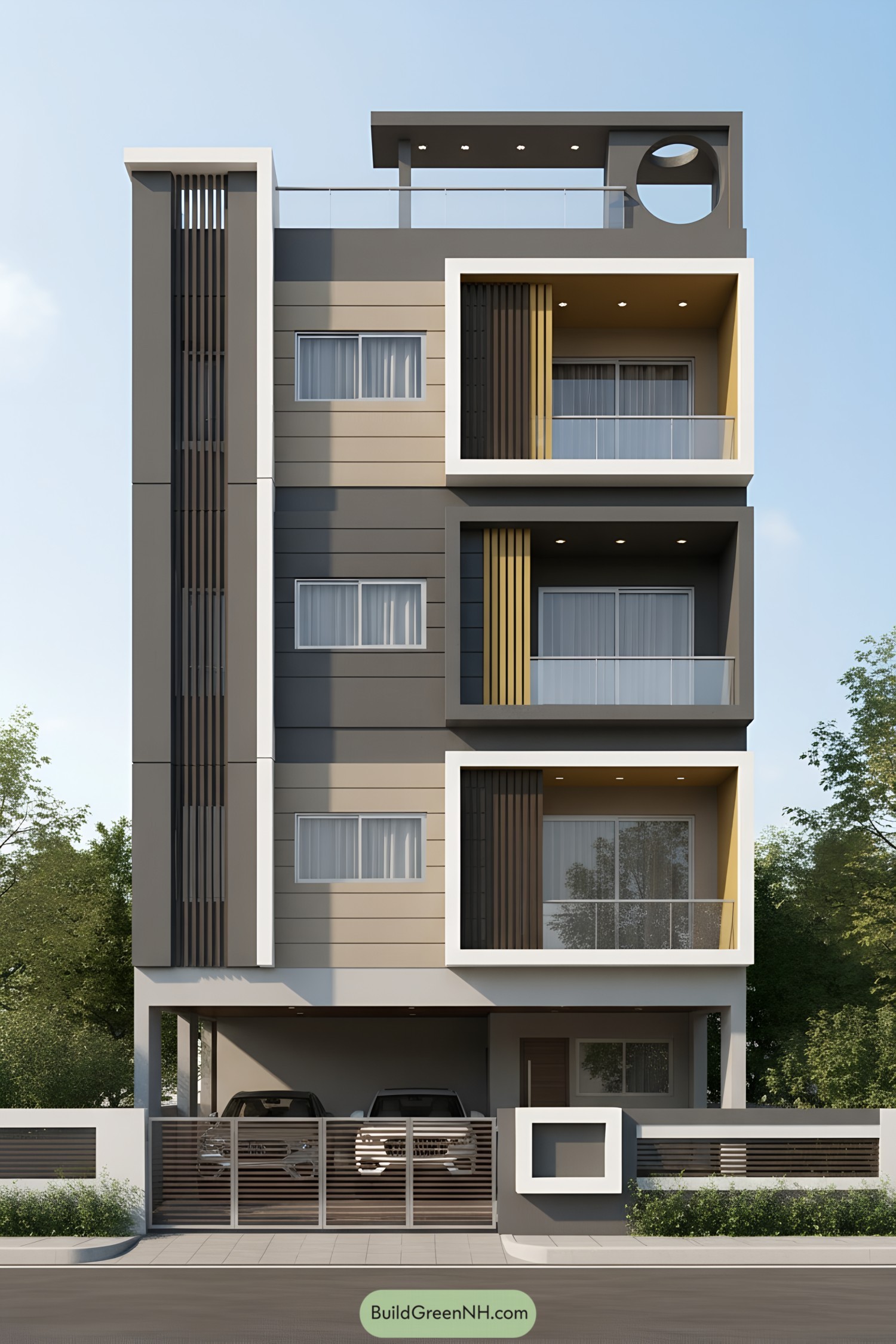 Modern four-story house with boxed balconies