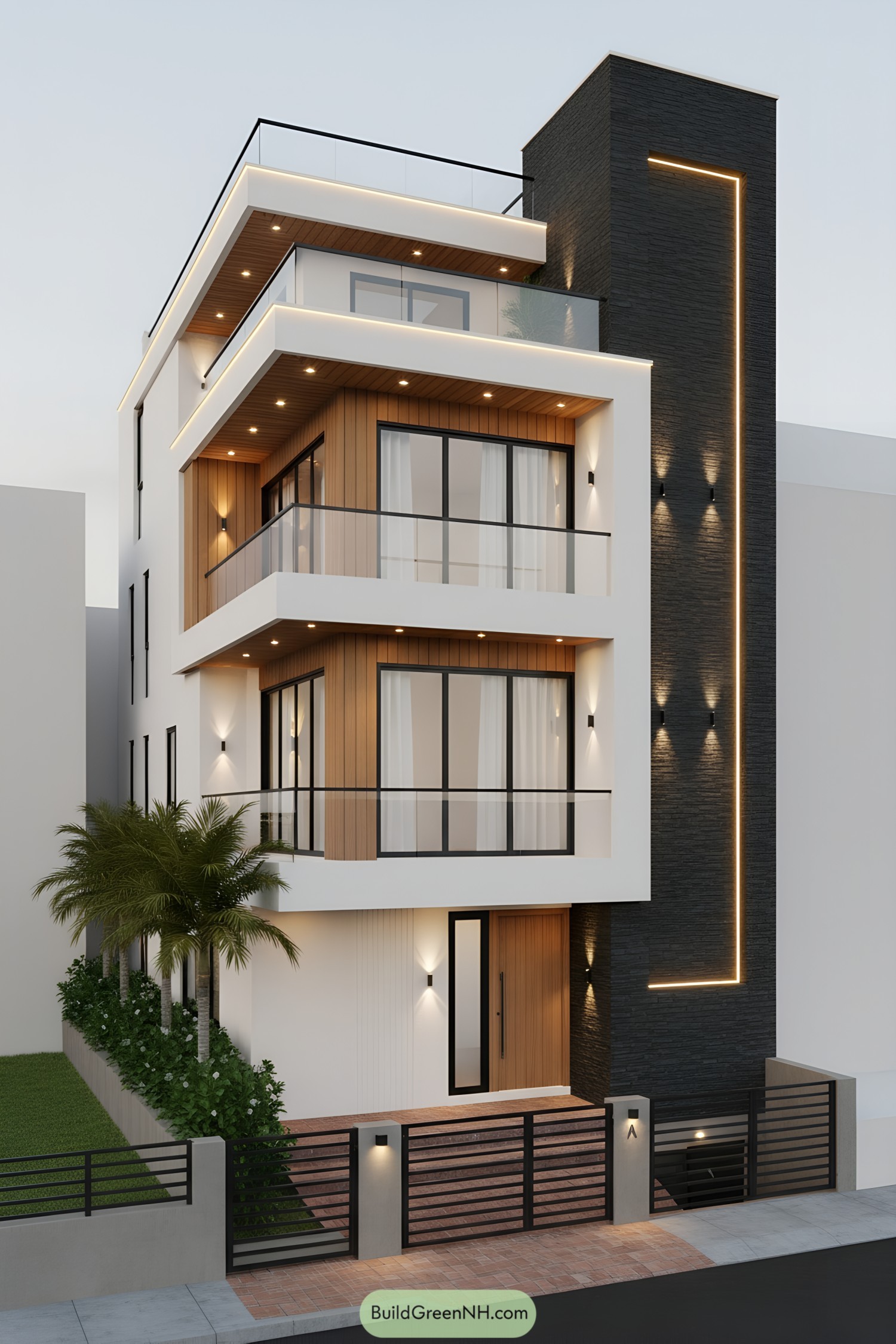 Modern four story facade with layered balconies and warm wood cladding