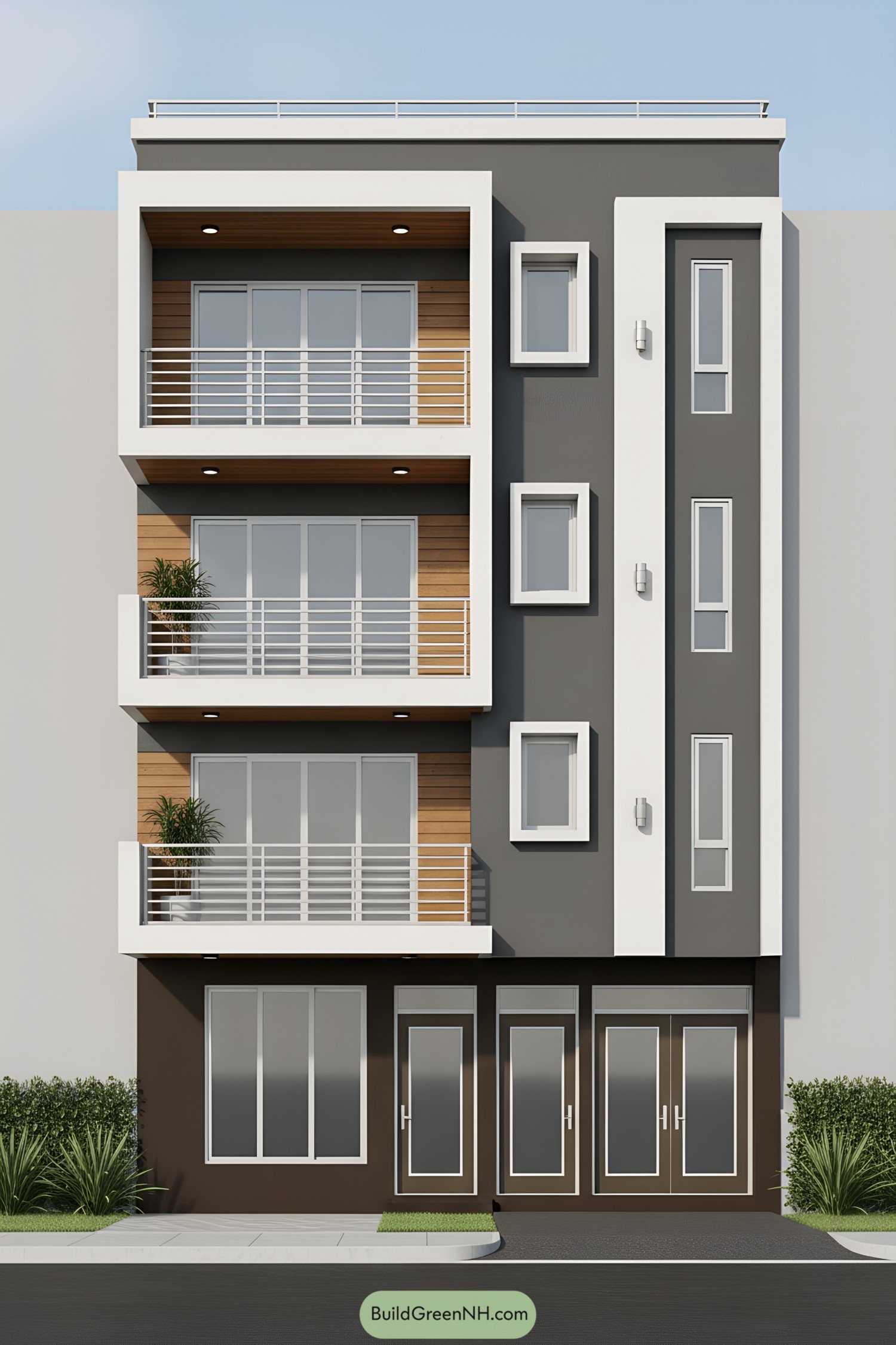 Modern four-story facade with framed balconies