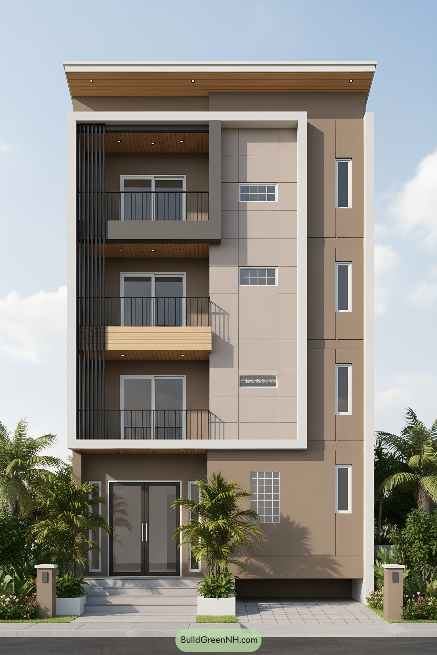 Modern four story facade with balconies