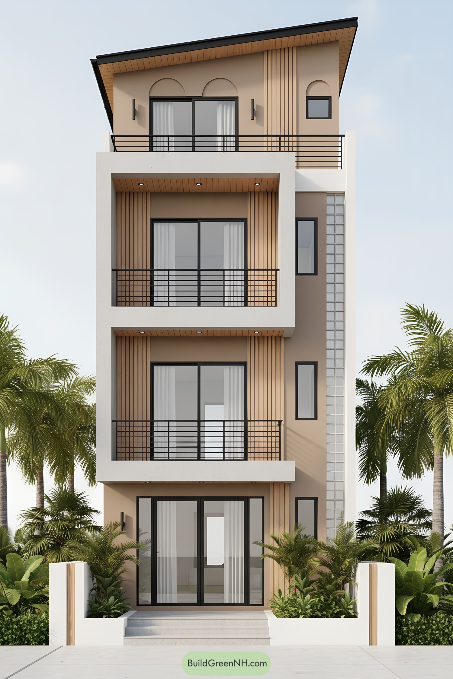 Modern four story house with stacked balconies